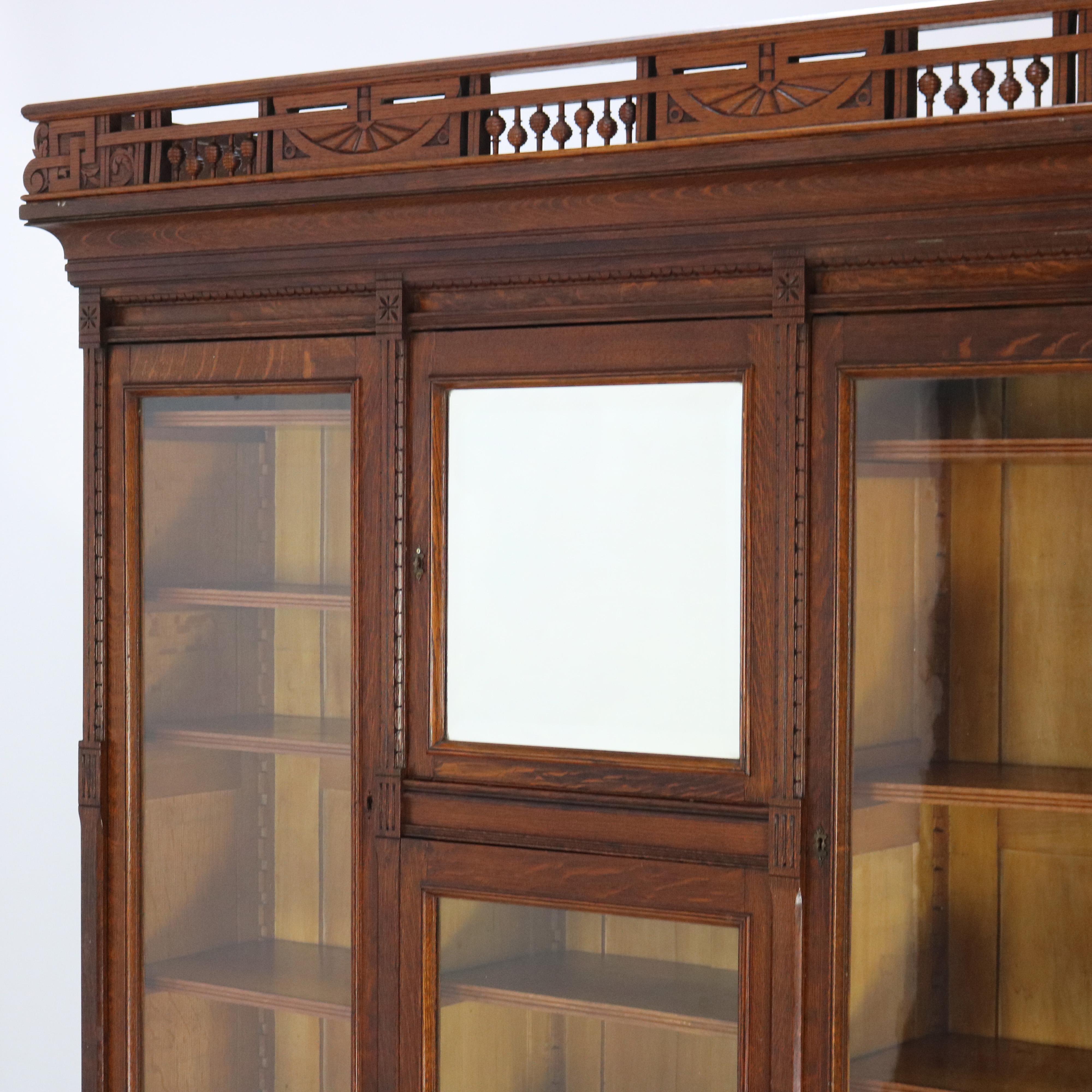 Antique RJ Horner Eastlake Style Carved Oak Four Door 3-Drawer Bookcase C1910 3
