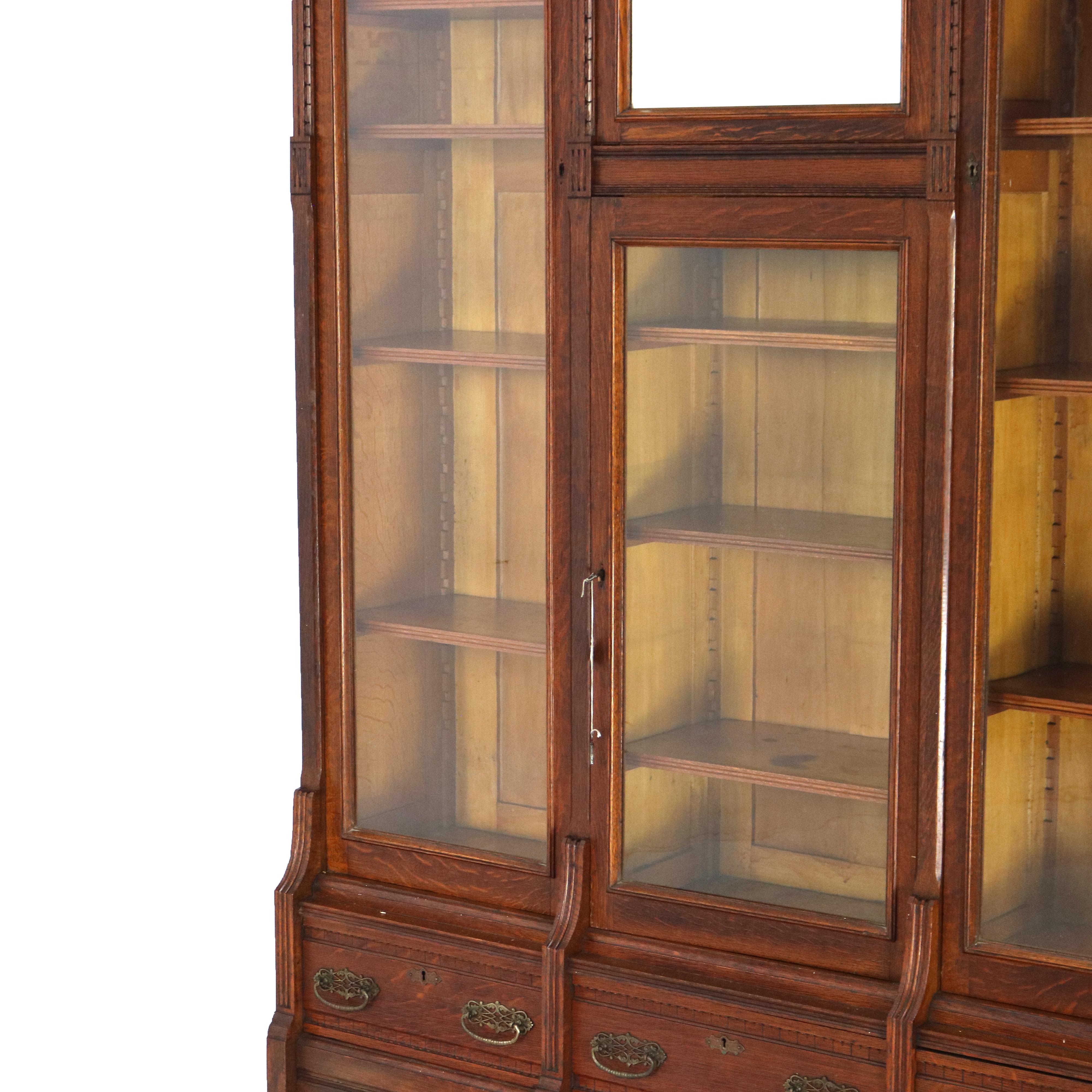 Antique RJ Horner Eastlake Style Carved Oak Four Door 3-Drawer Bookcase C1910 4