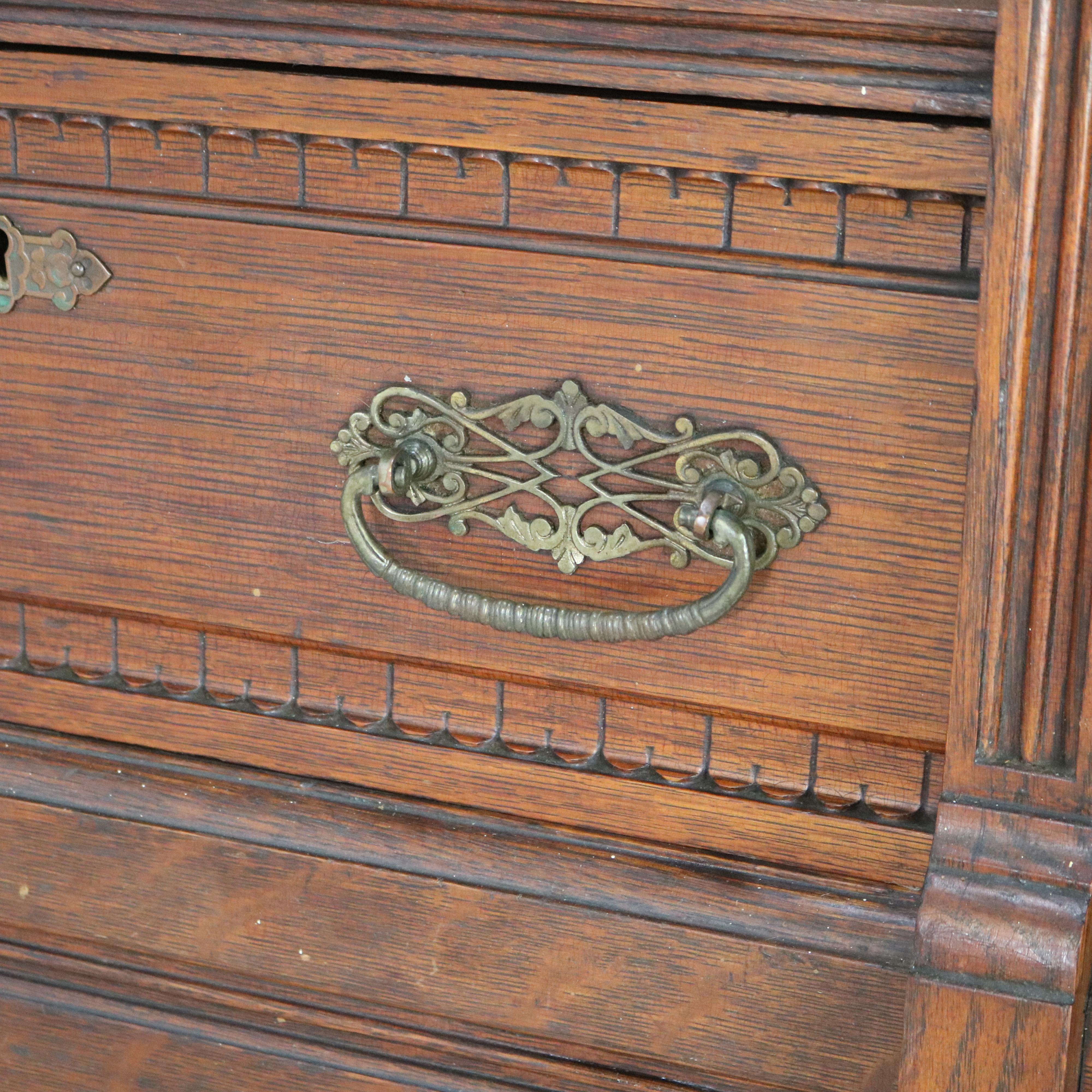 Antique RJ Horner Eastlake Style Carved Oak Four Door 3-Drawer Bookcase C1910 5