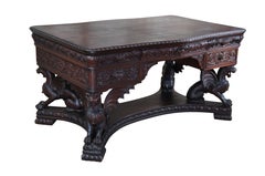 Antique RJ Horner Figural Carved Mahogany Griffin Library Table Partners Desk