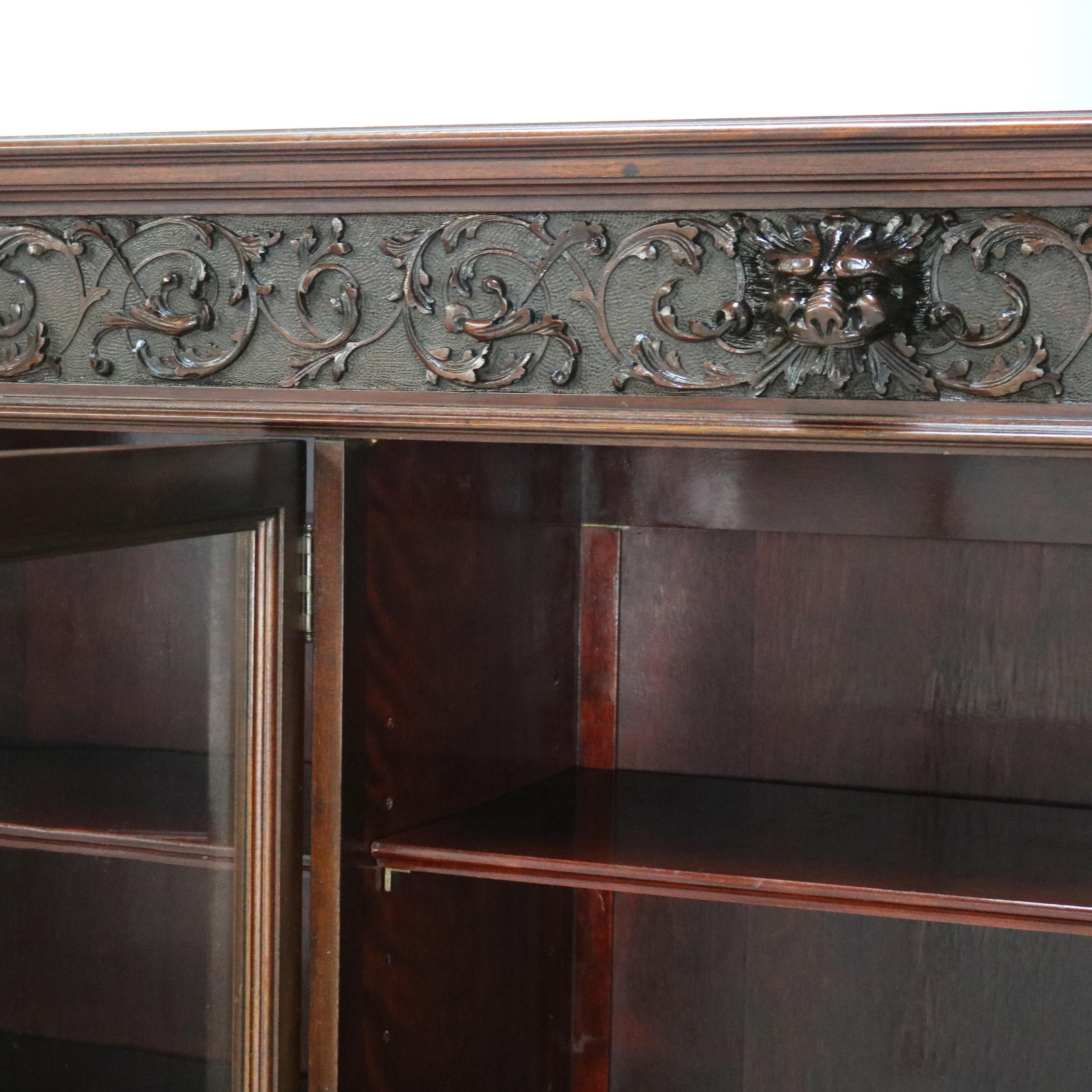 Antique RJ Horner Figural Carved Mahogany Triple Bookcase with Lion Heads C1890 7