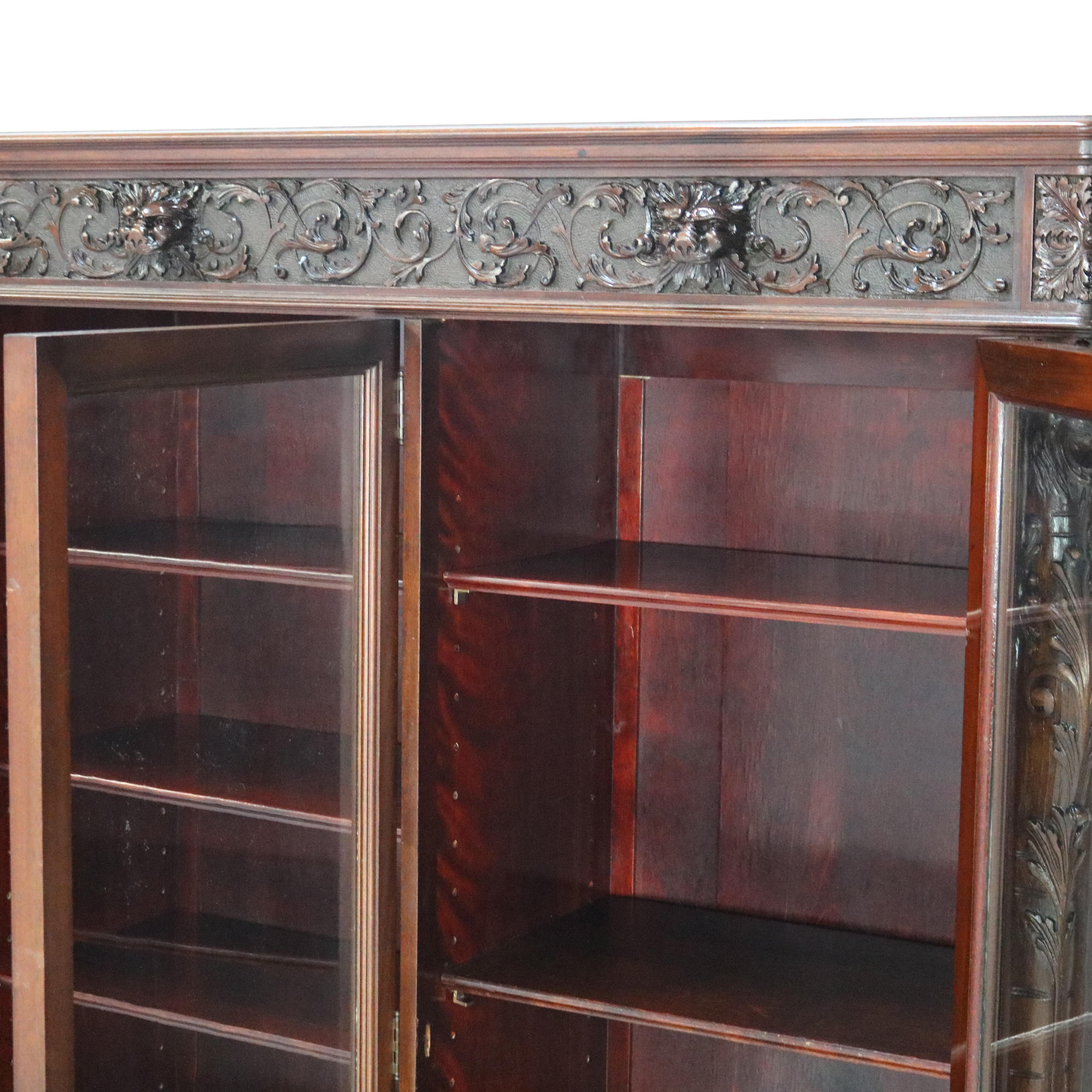 Antique RJ Horner Figural Carved Mahogany Triple Bookcase with Lion Heads C1890 8
