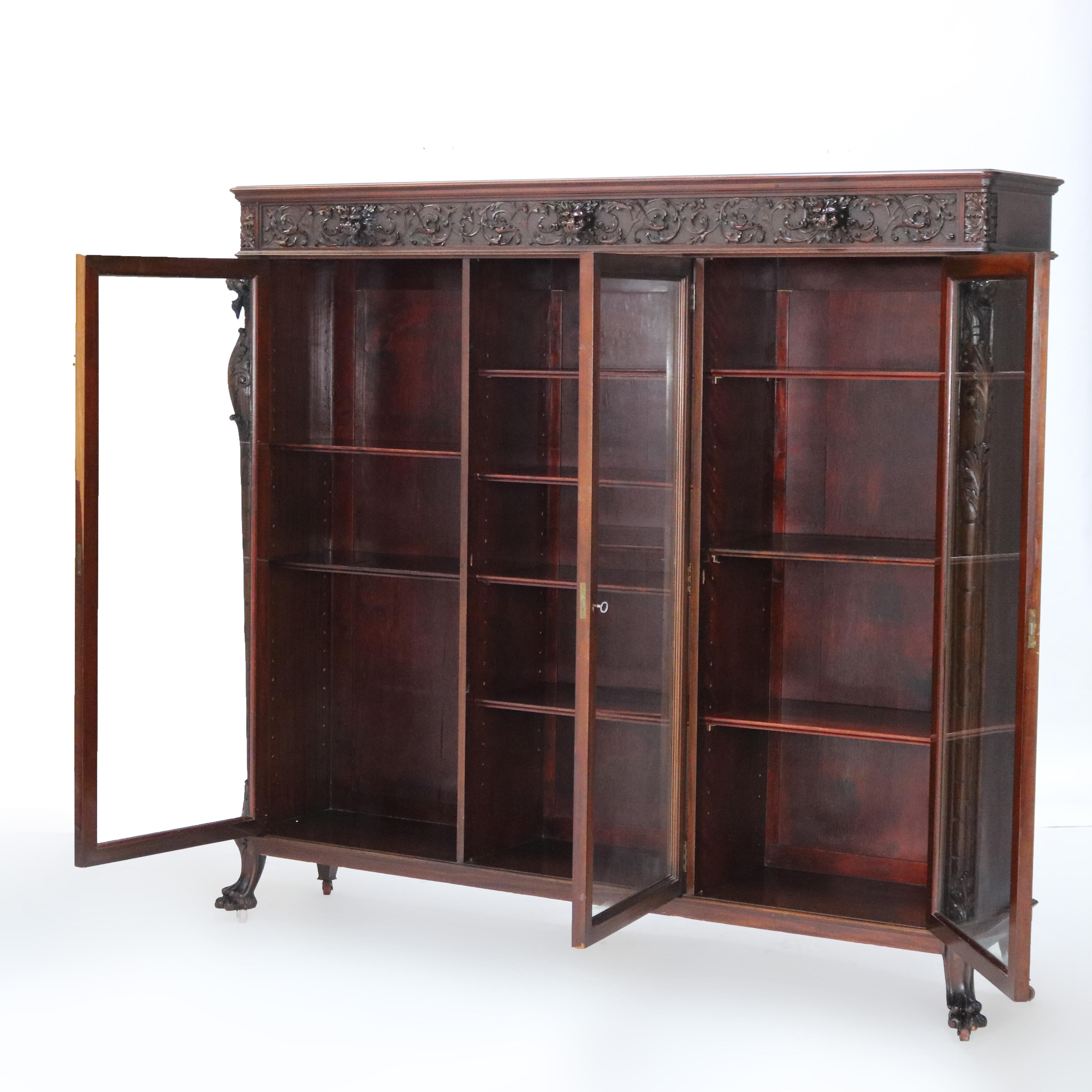 Antique RJ Horner Figural Carved Mahogany Triple Bookcase with Lion Heads C1890 9