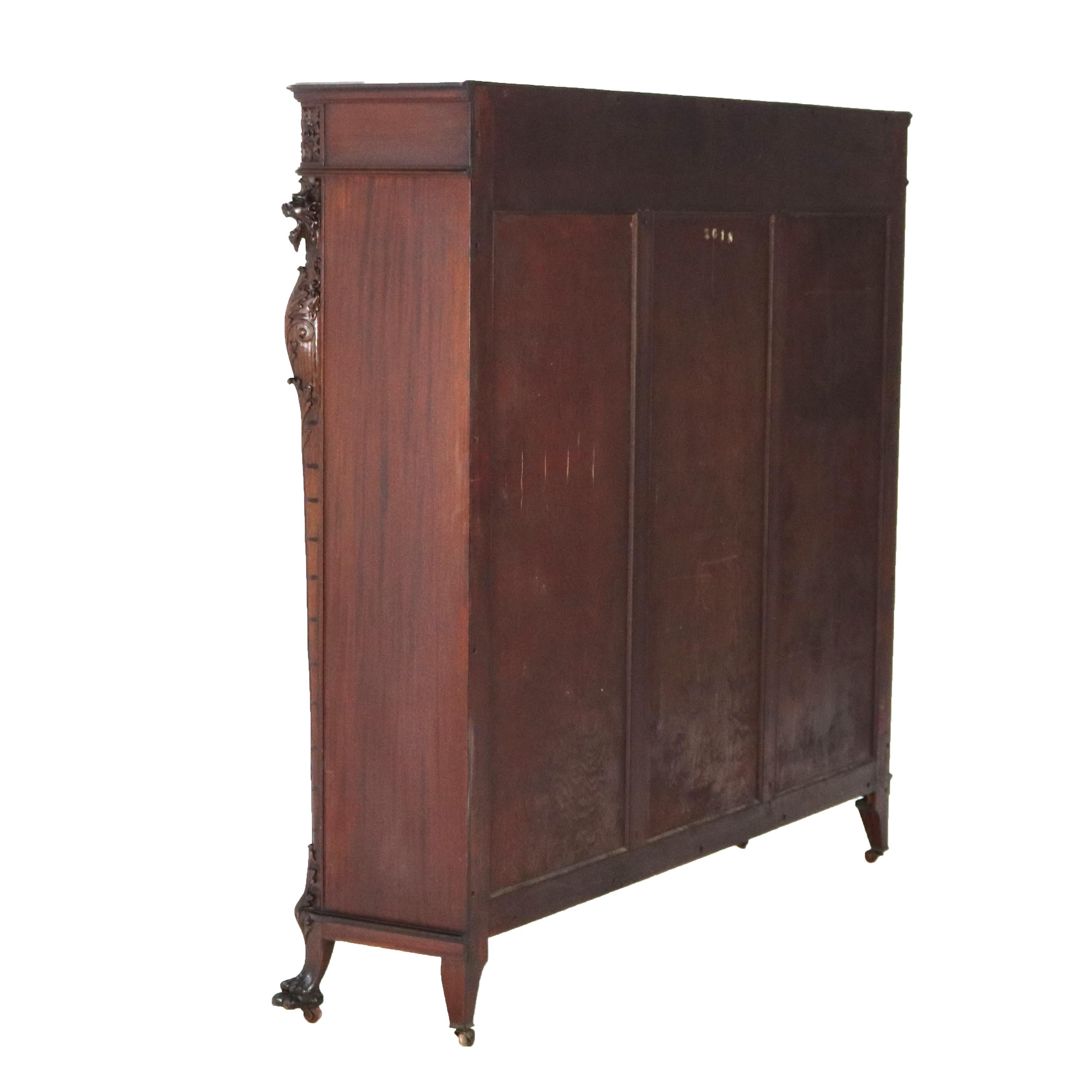 Antique RJ Horner Figural Carved Mahogany Triple Bookcase with Lion Heads C1890 11
