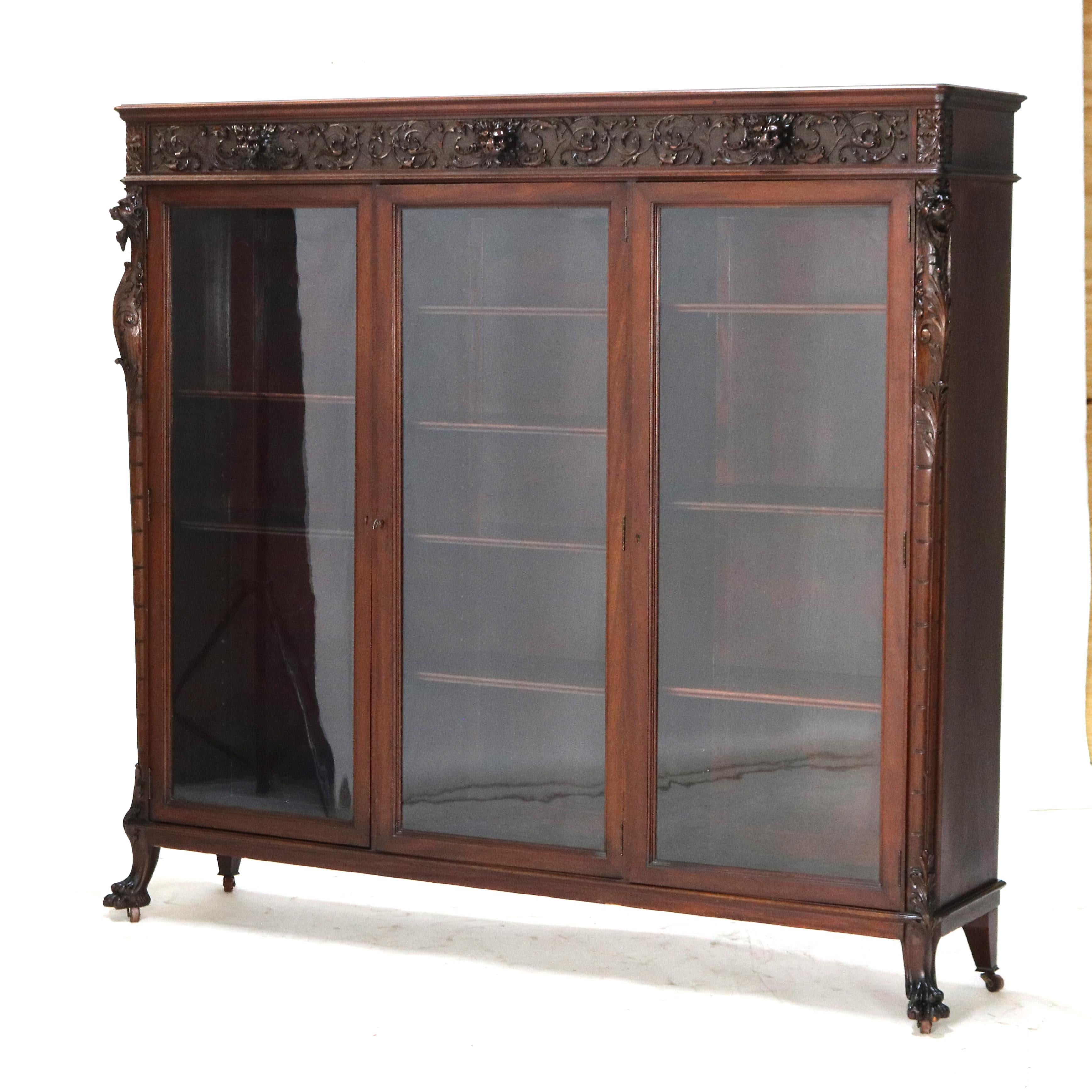 Antique RJ Horner Figural Carved Mahogany Triple Bookcase with Lion Heads C1890 In Good Condition In Big Flats, NY