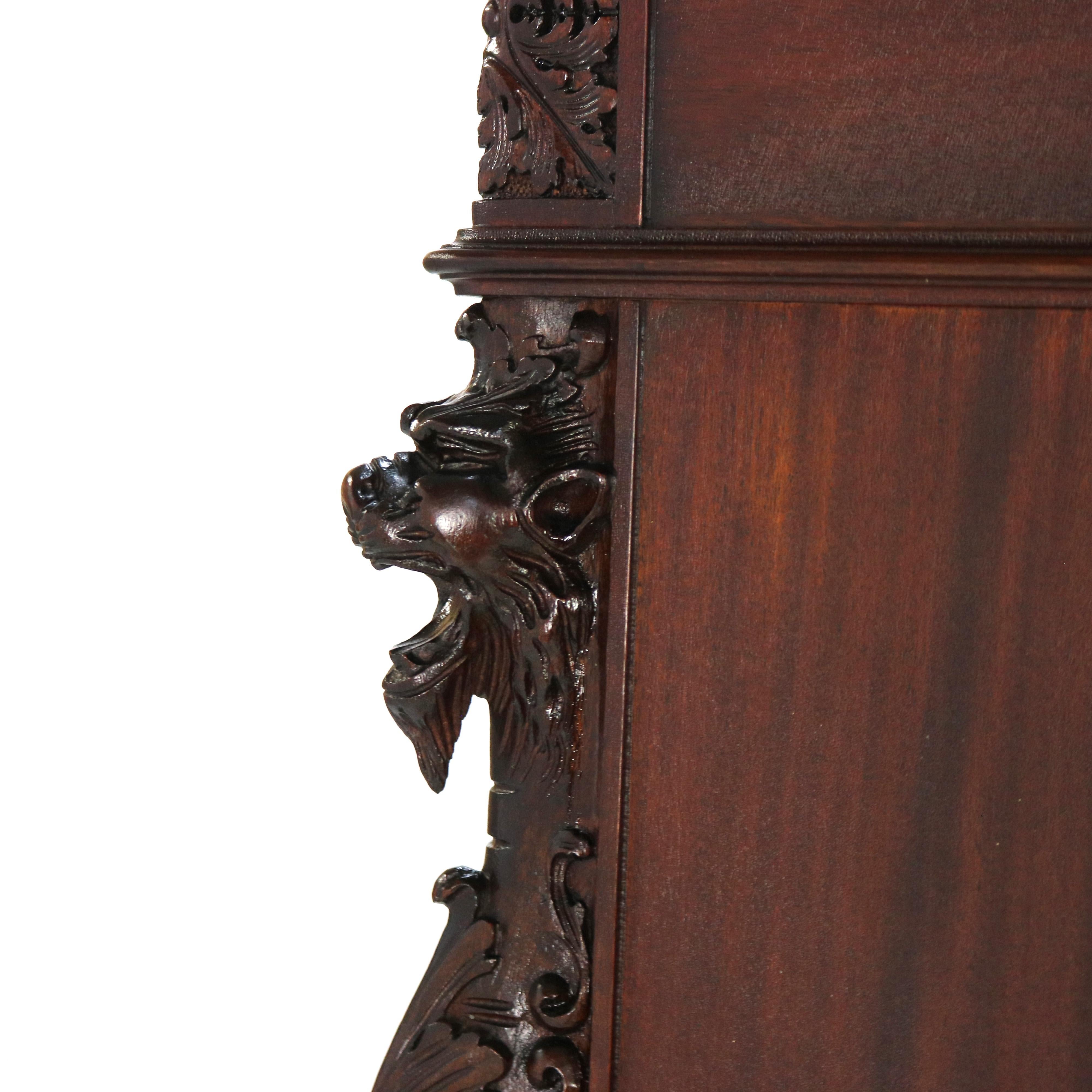 19th Century Antique RJ Horner Figural Carved Mahogany Triple Bookcase with Lion Heads C1890