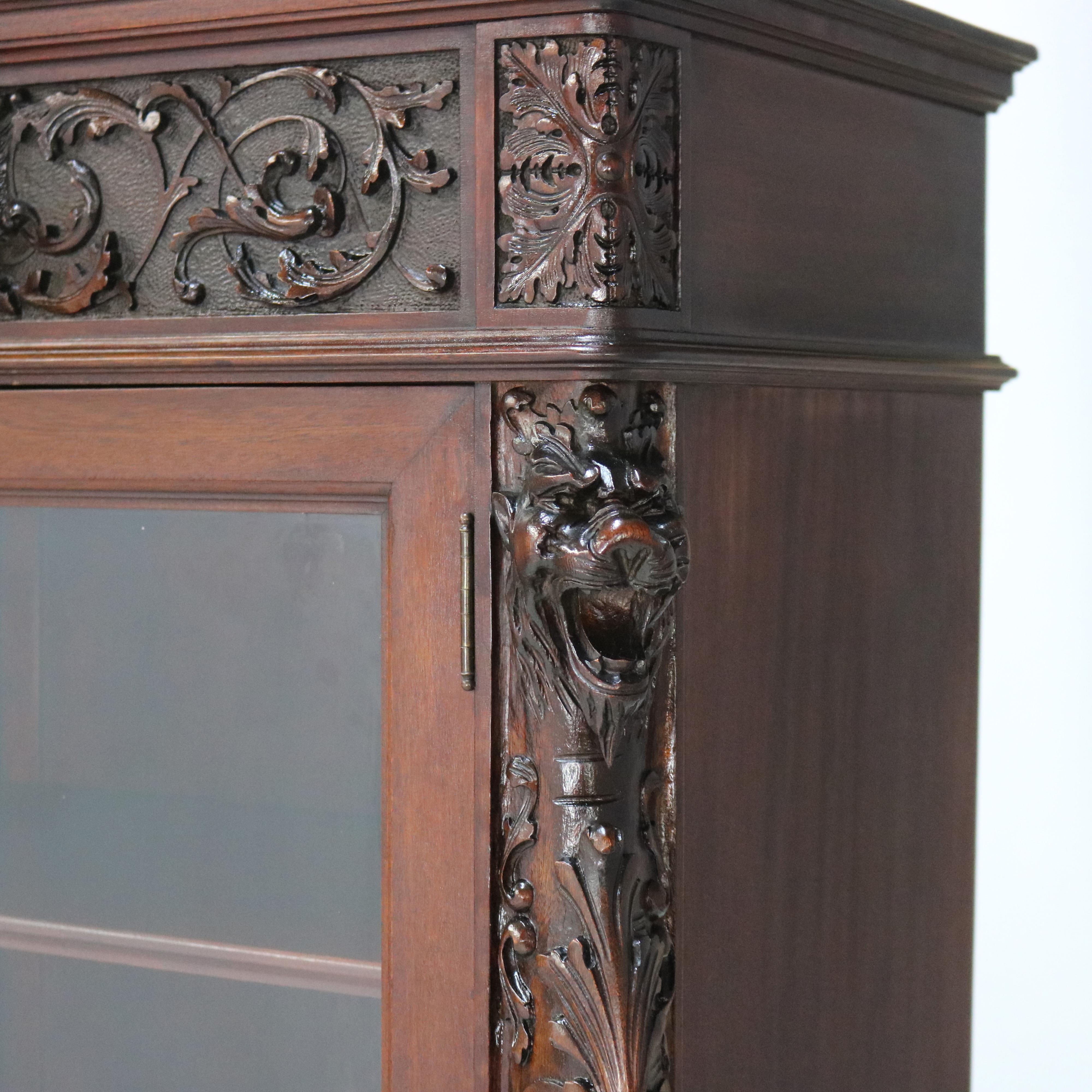 Antique RJ Horner Figural Carved Mahogany Triple Bookcase with Lion Heads C1890 4