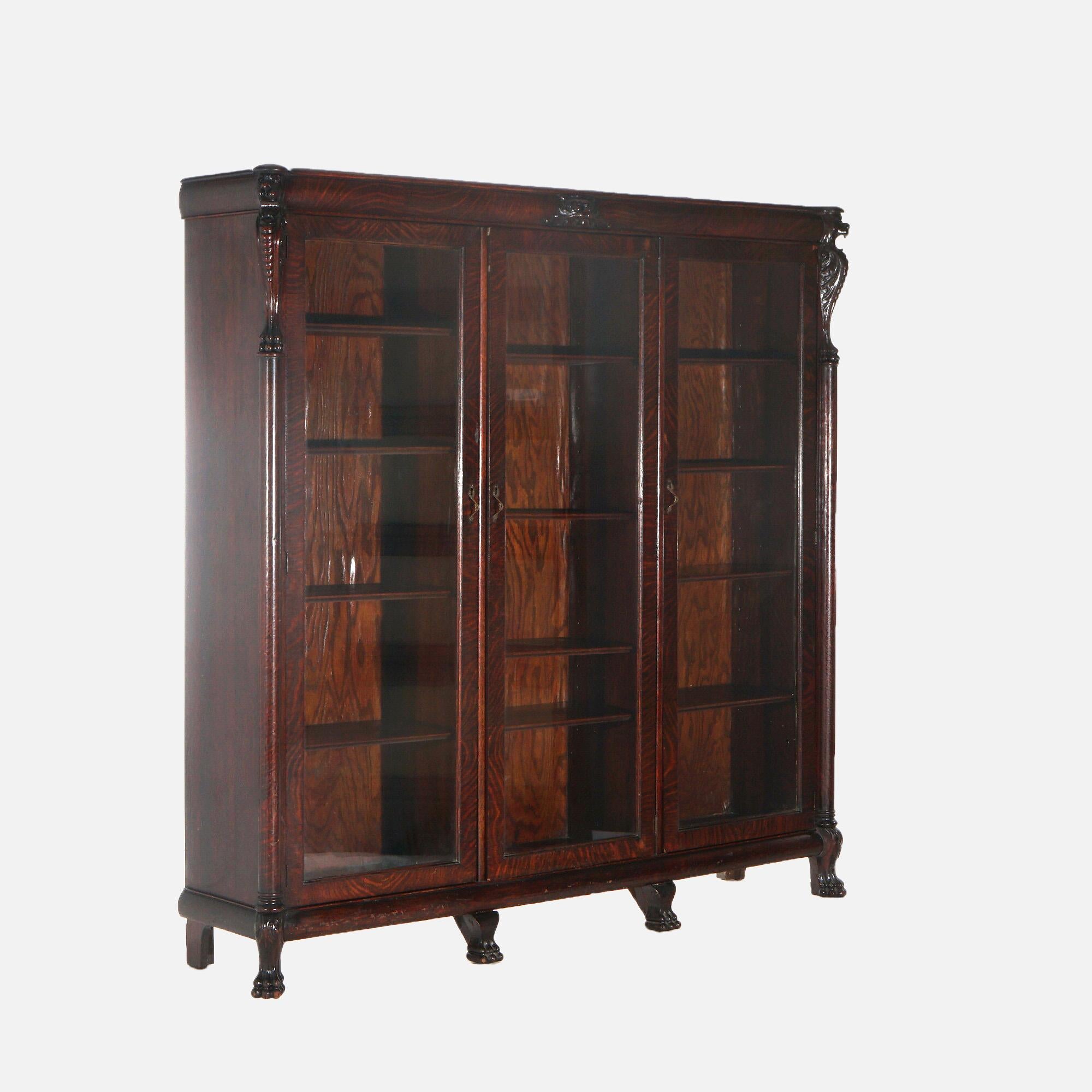 Antique RJ Horner Figural Carved Oak Bookcase with Lion Heads & Paw Feet C1900 12