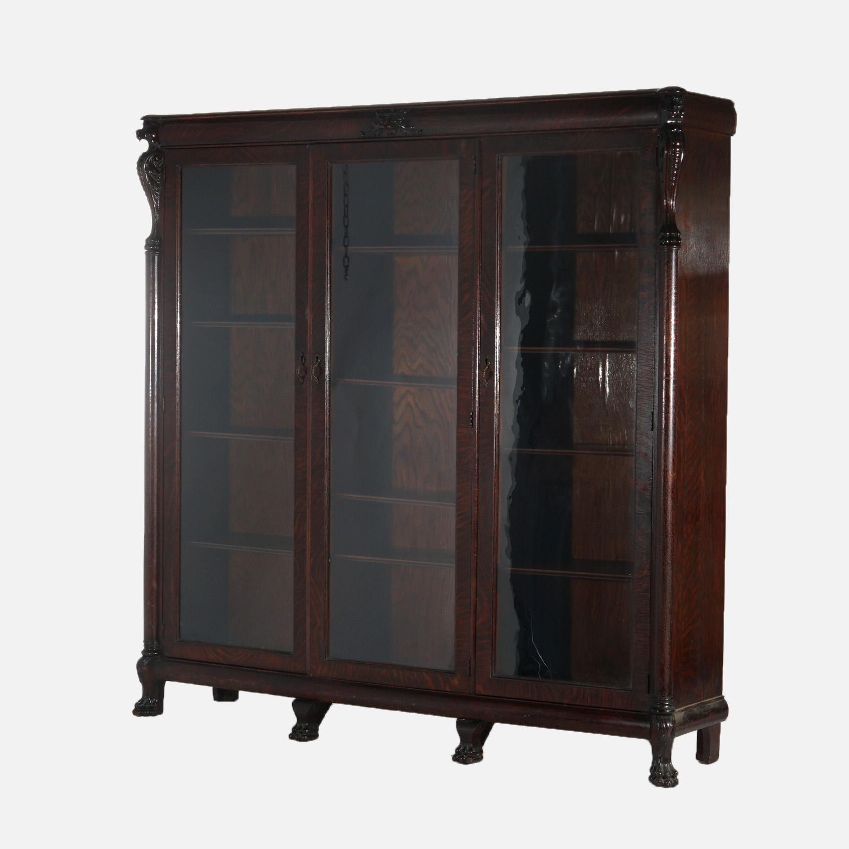 Antique RJ Horner Figural Carved Oak Bookcase with Lion Heads & Paw Feet C1900 In Good Condition In Big Flats, NY
