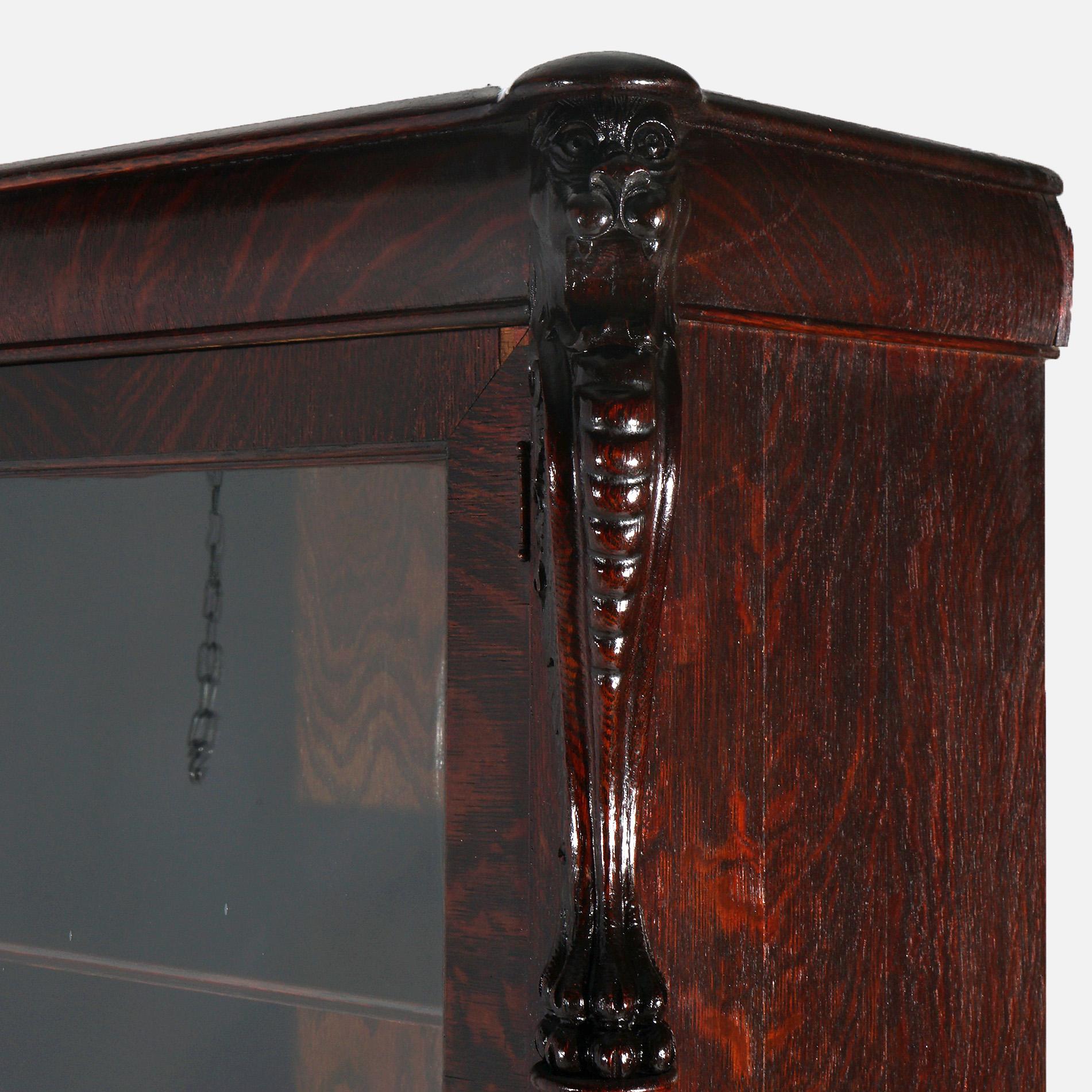 Glass Antique RJ Horner Figural Carved Oak Bookcase with Lion Heads & Paw Feet C1900