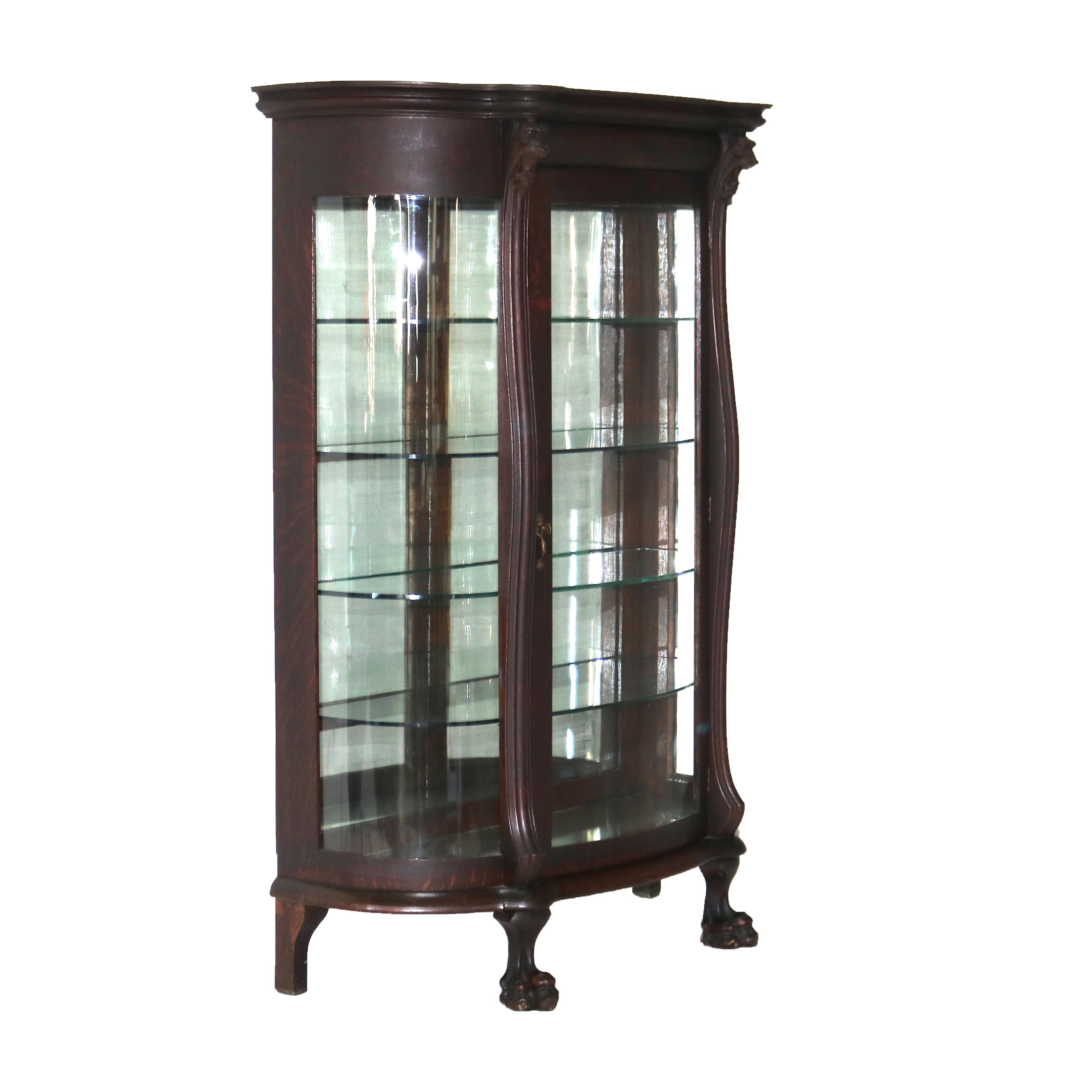 Antique RJ Horner Figural Carved Oak Curved Glass Paw Feet Curio Cabinet C1910 9
