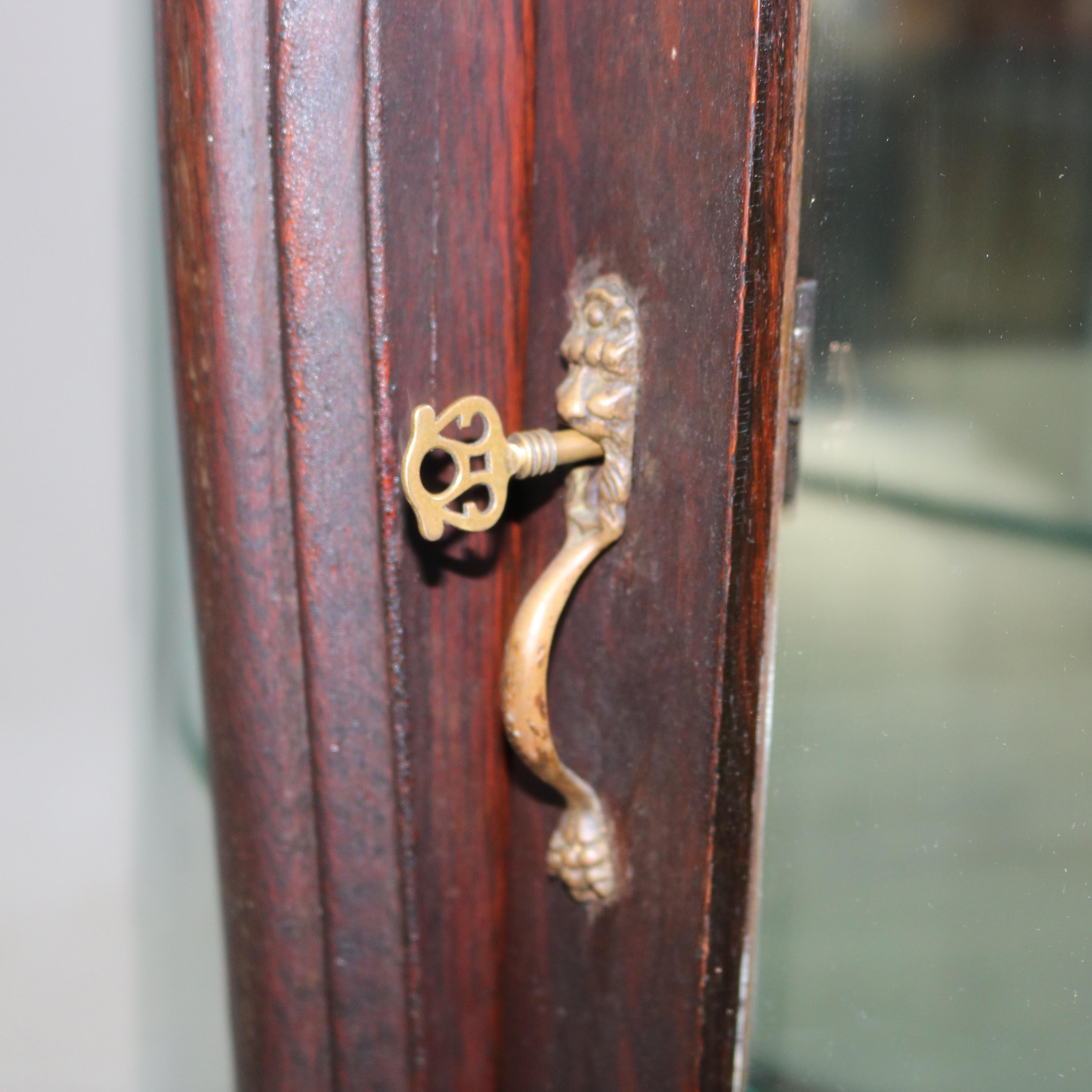 Antique RJ Horner Figural Carved Oak Curved Glass Paw Feet Curio Cabinet C1910 11