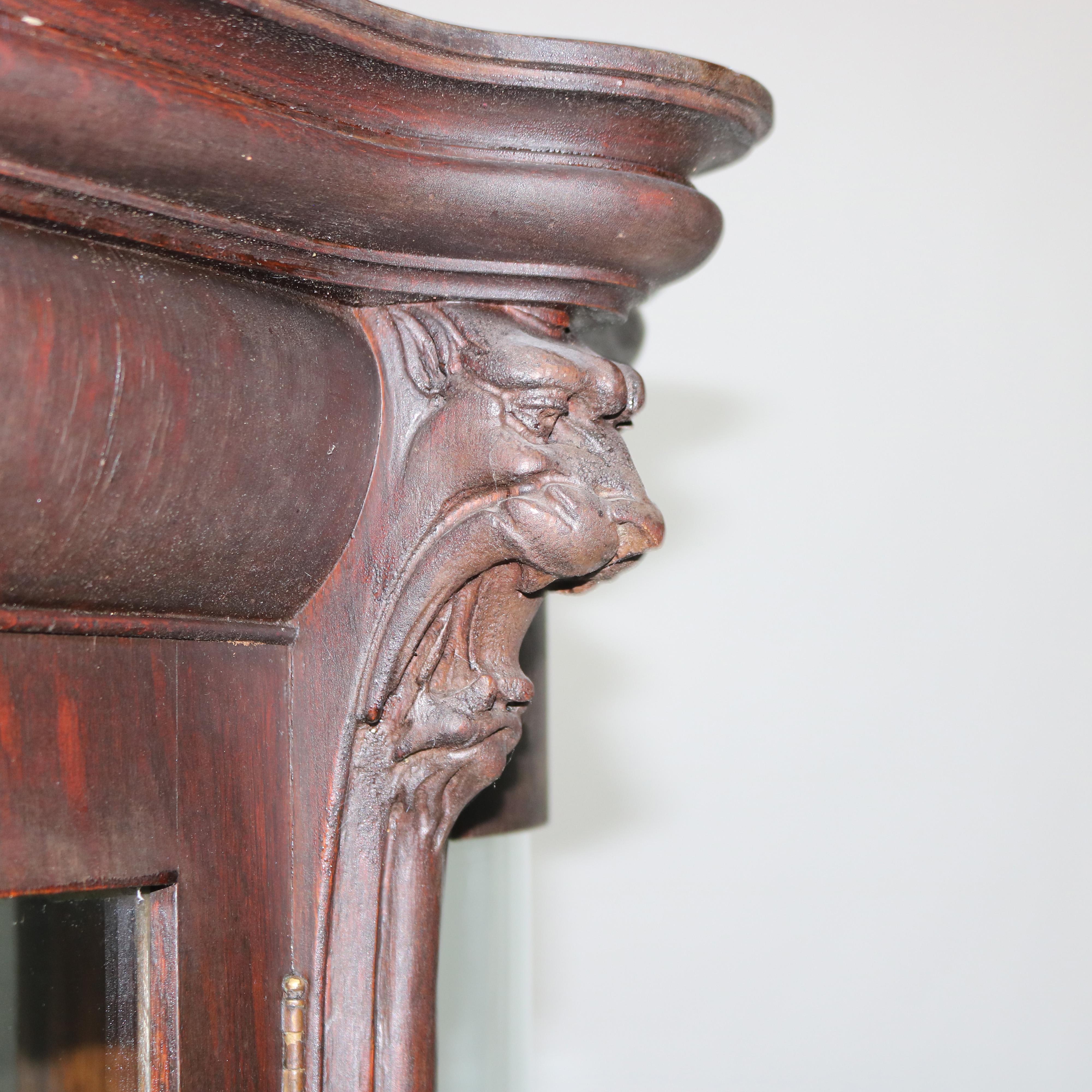 Antique RJ Horner Figural Carved Oak Curved Glass Paw Feet Curio Cabinet C1910 14