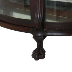 Antique RJ Horner Figural Carved Oak Curved Glass Paw Feet Curio Cabinet C1910