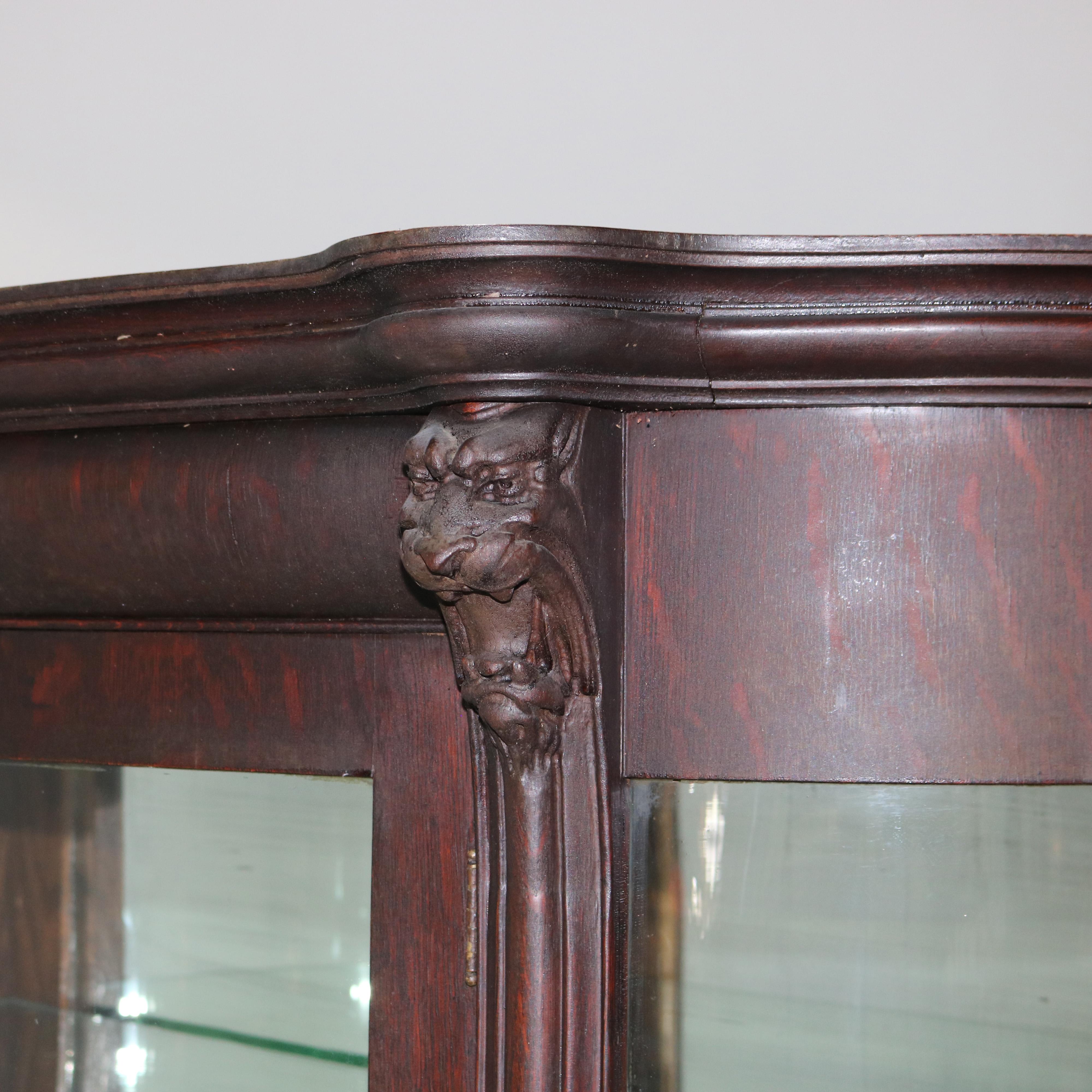 Antique RJ Horner Figural Carved Oak Curved Glass Paw Feet Curio Cabinet C1910 2