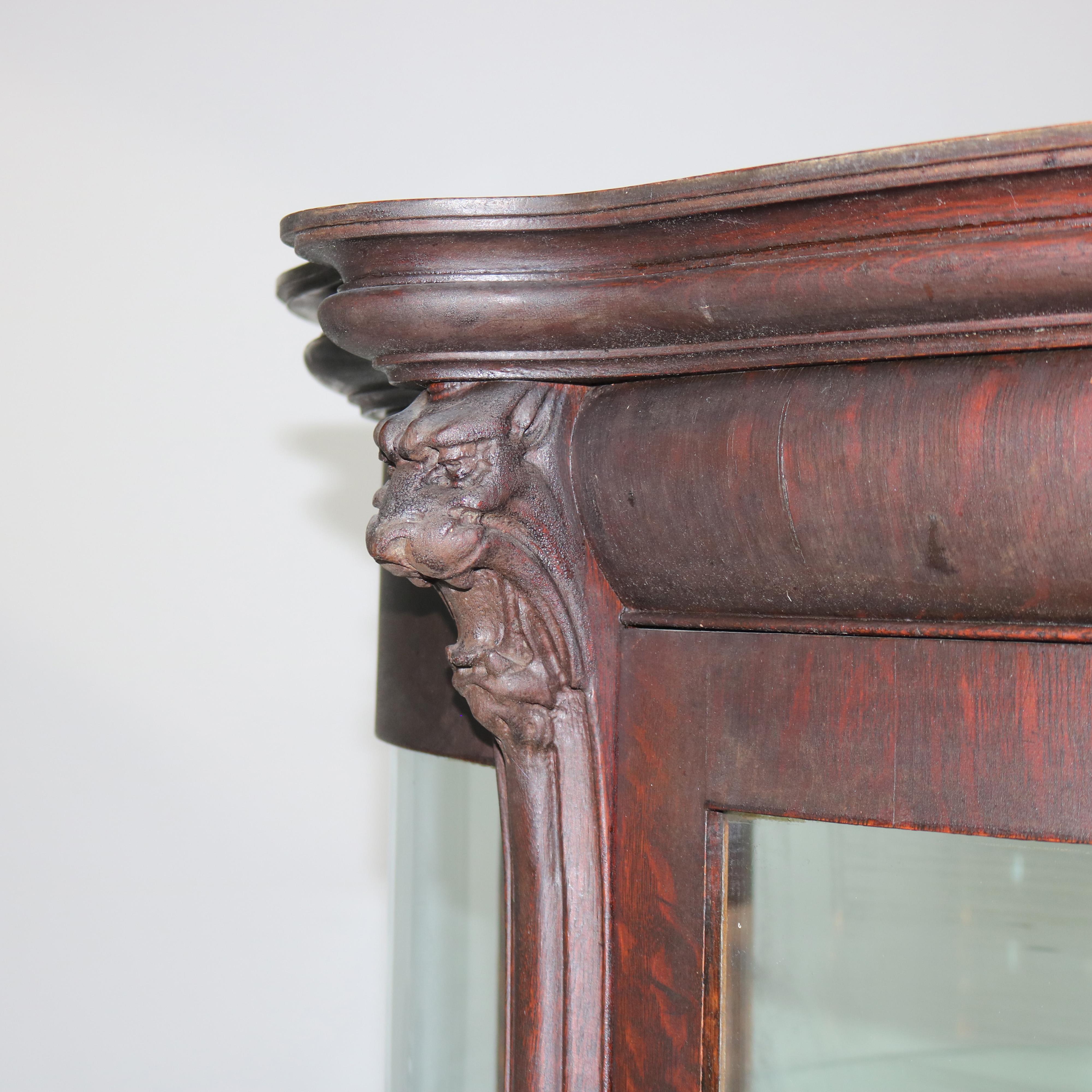 Antique RJ Horner Figural Carved Oak Curved Glass Paw Feet Curio Cabinet C1910 3