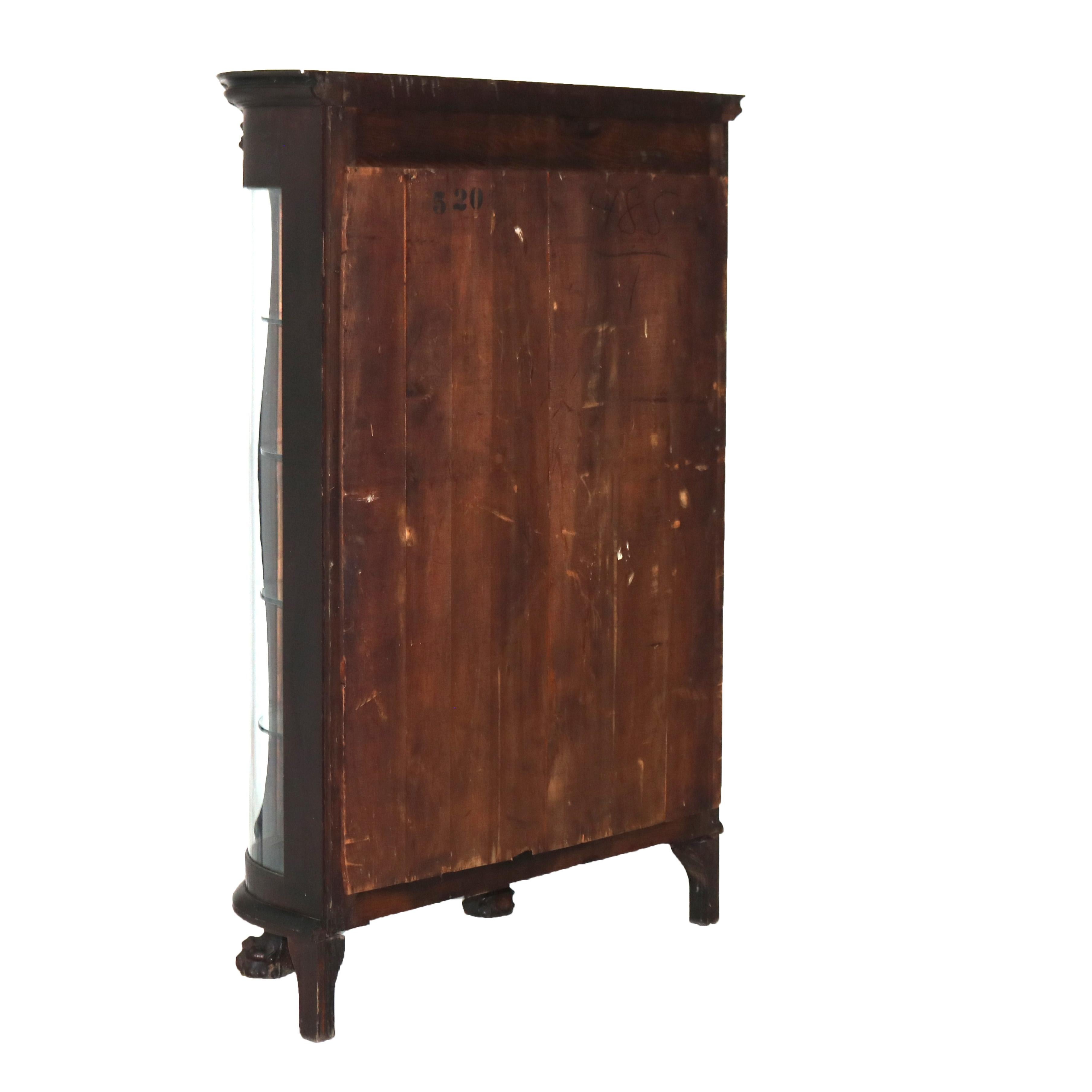 Antique RJ Horner Figural Carved Oak Curved Glass Paw Feet Curio Cabinet C1910 5