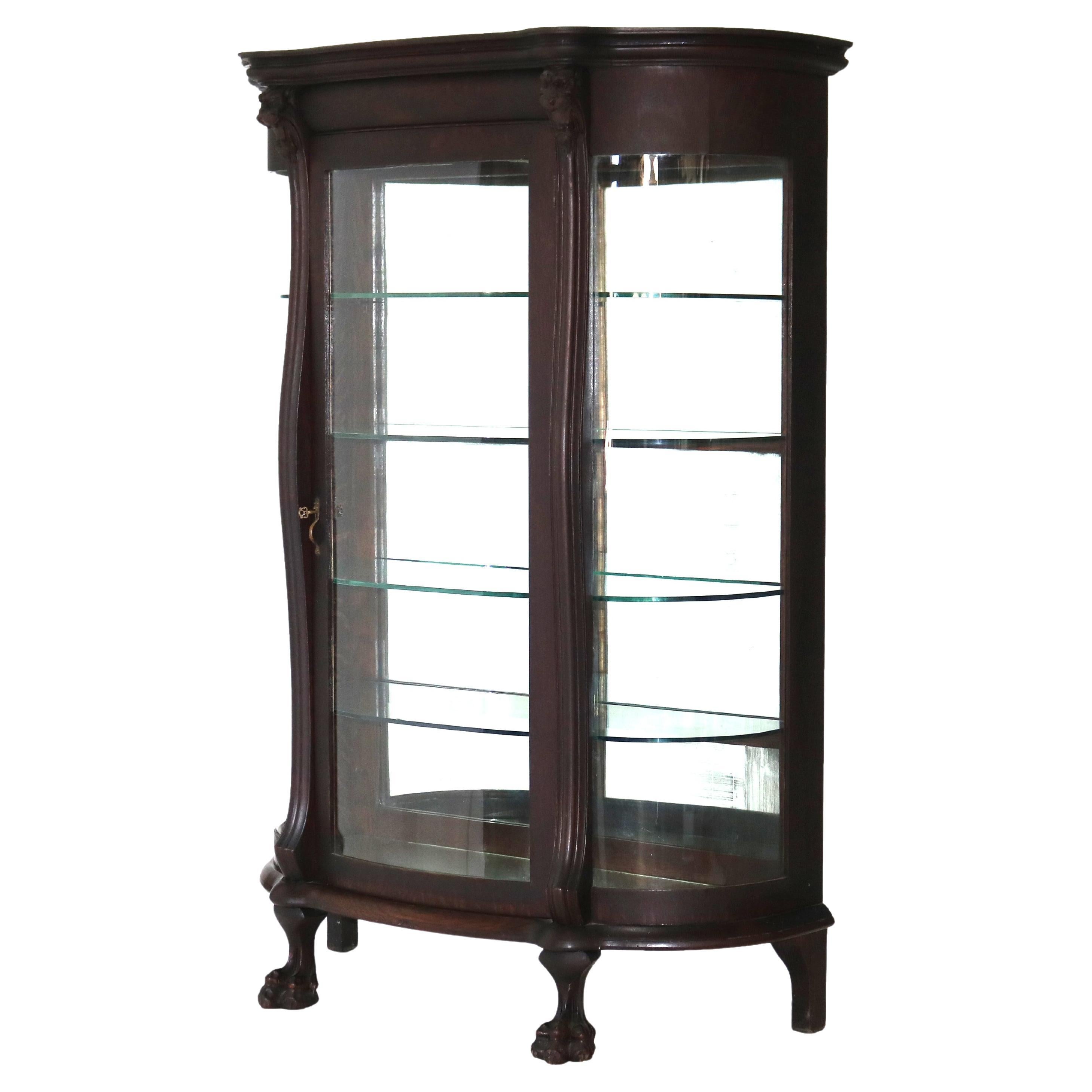 Antique RJ Horner Figural Carved Oak Curved Glass Paw Feet Curio Cabinet C1910