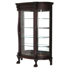 Antique RJ Horner Figural Carved Oak Curved Glass Paw Feet Curio Cabinet C1910
