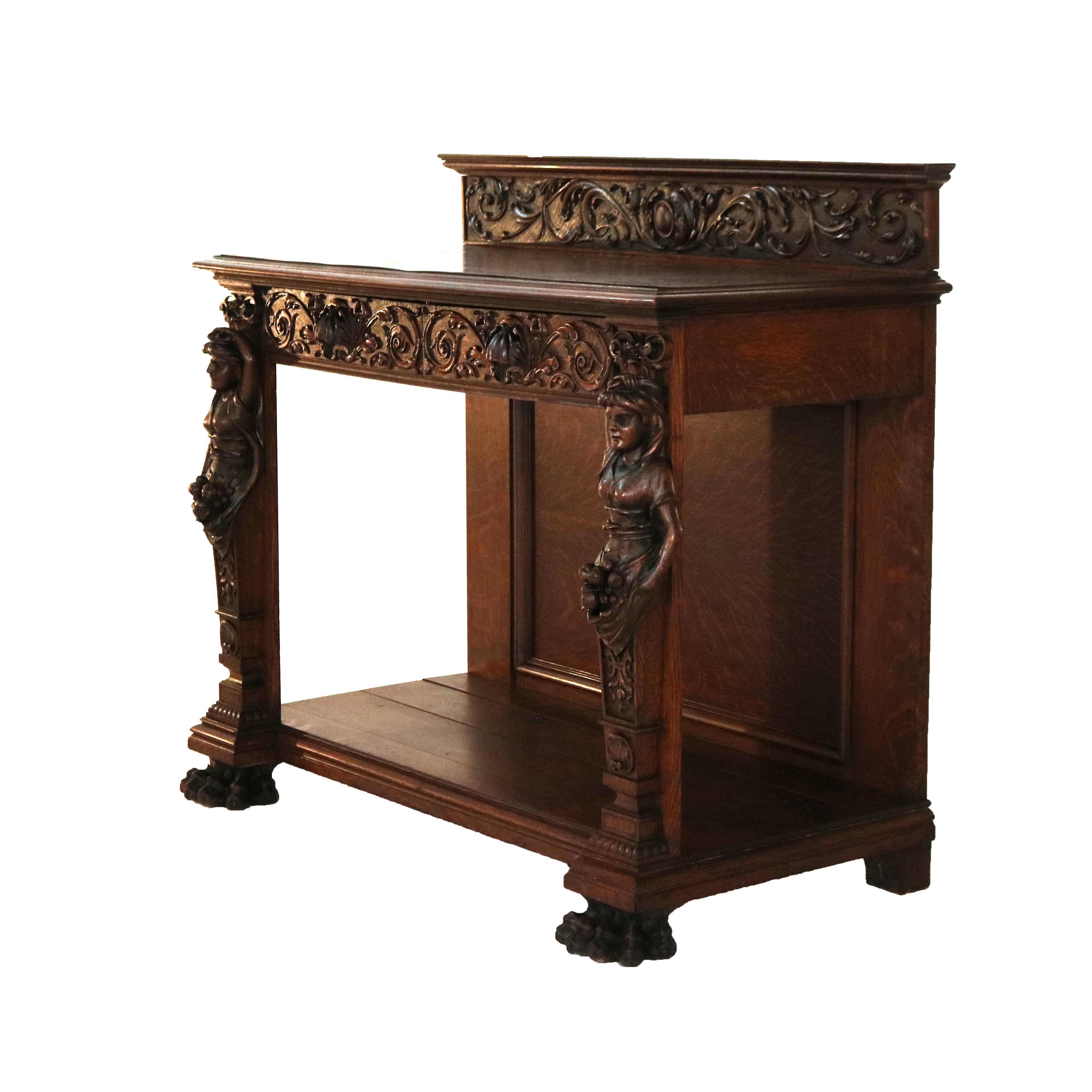 20th Century Antique RJ Horner Figural Carved Oak Server with Figural Caryatids C1900