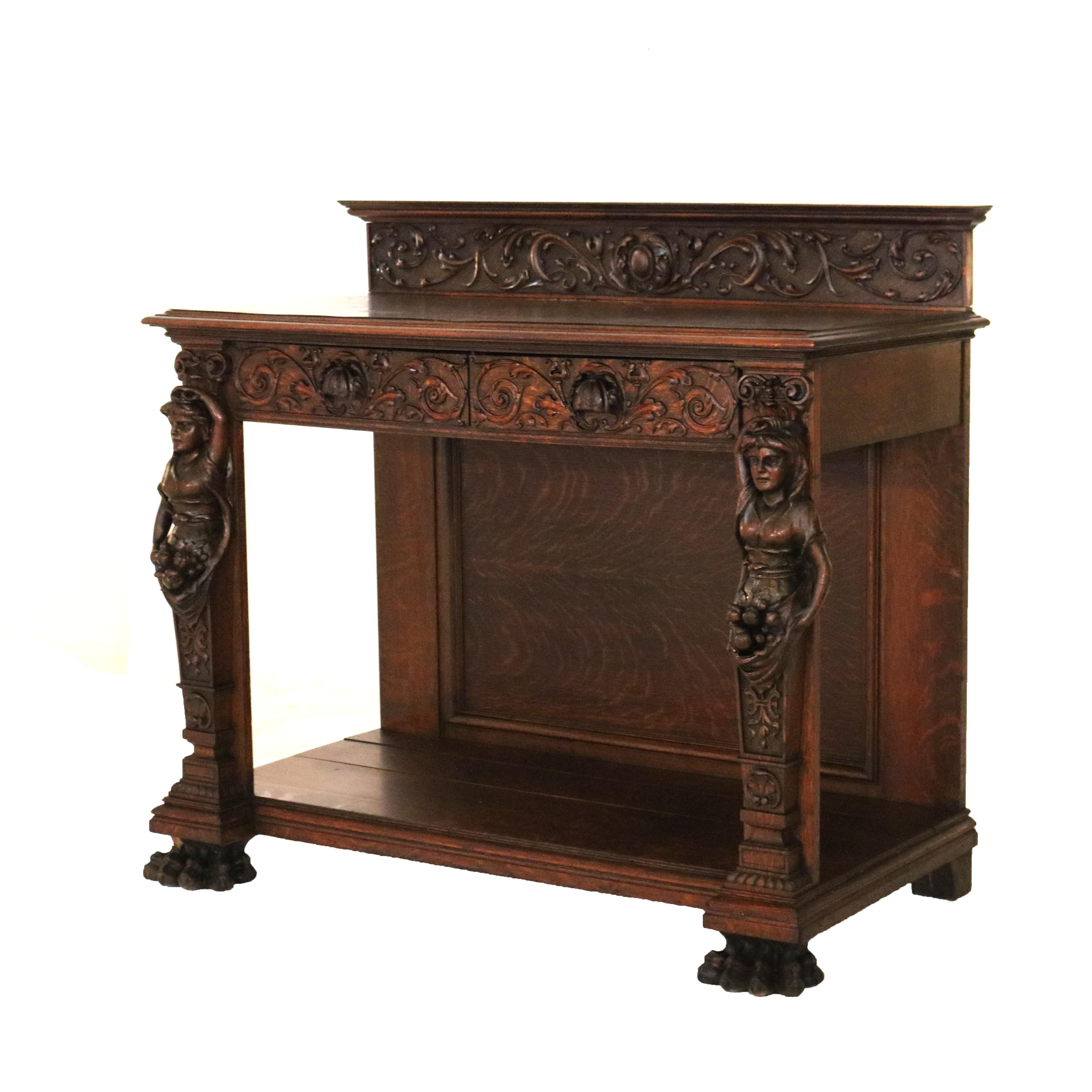 Antique RJ Horner Figural Carved Oak Server with Figural Caryatids C1900 1