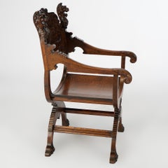 Antique RJ Horner Figural Oak Directors Curule Chair with Lions & Wind God, 1900