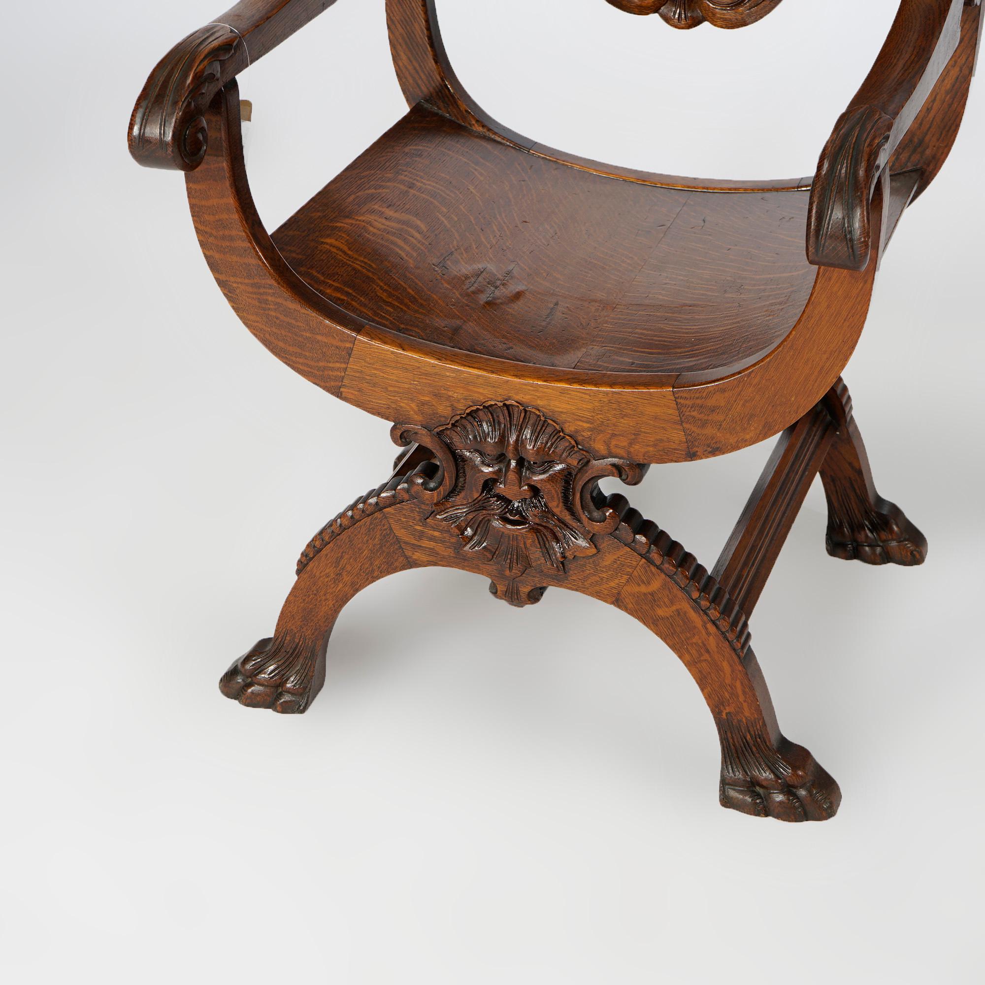 Antique RJ Horner Figural Oak Directors Curule Chair with Lions & Wind God, 1900 In Good Condition In Big Flats, NY