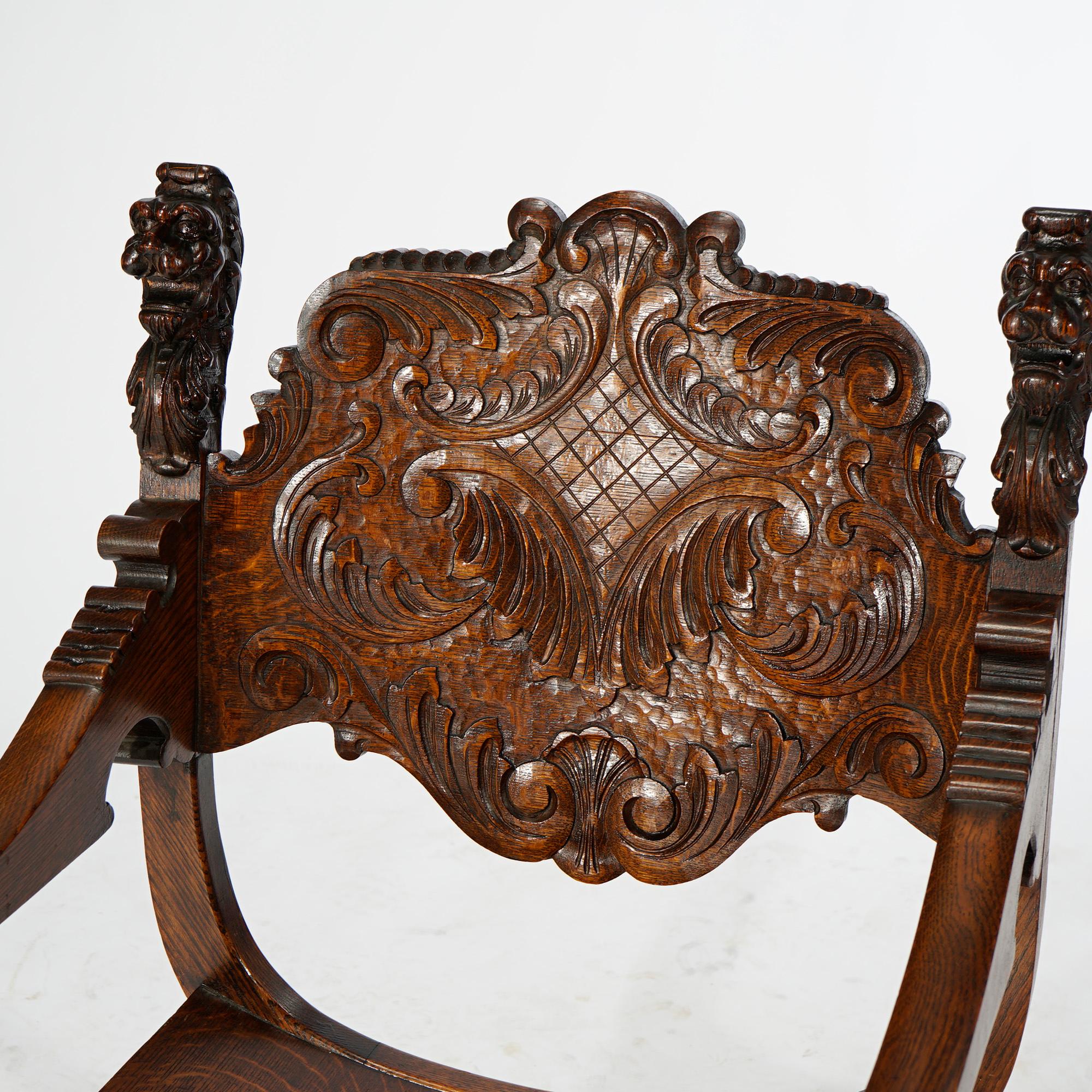 20th Century Antique RJ Horner Figural Oak Directors Curule Chair with Lions & Wind God, 1900