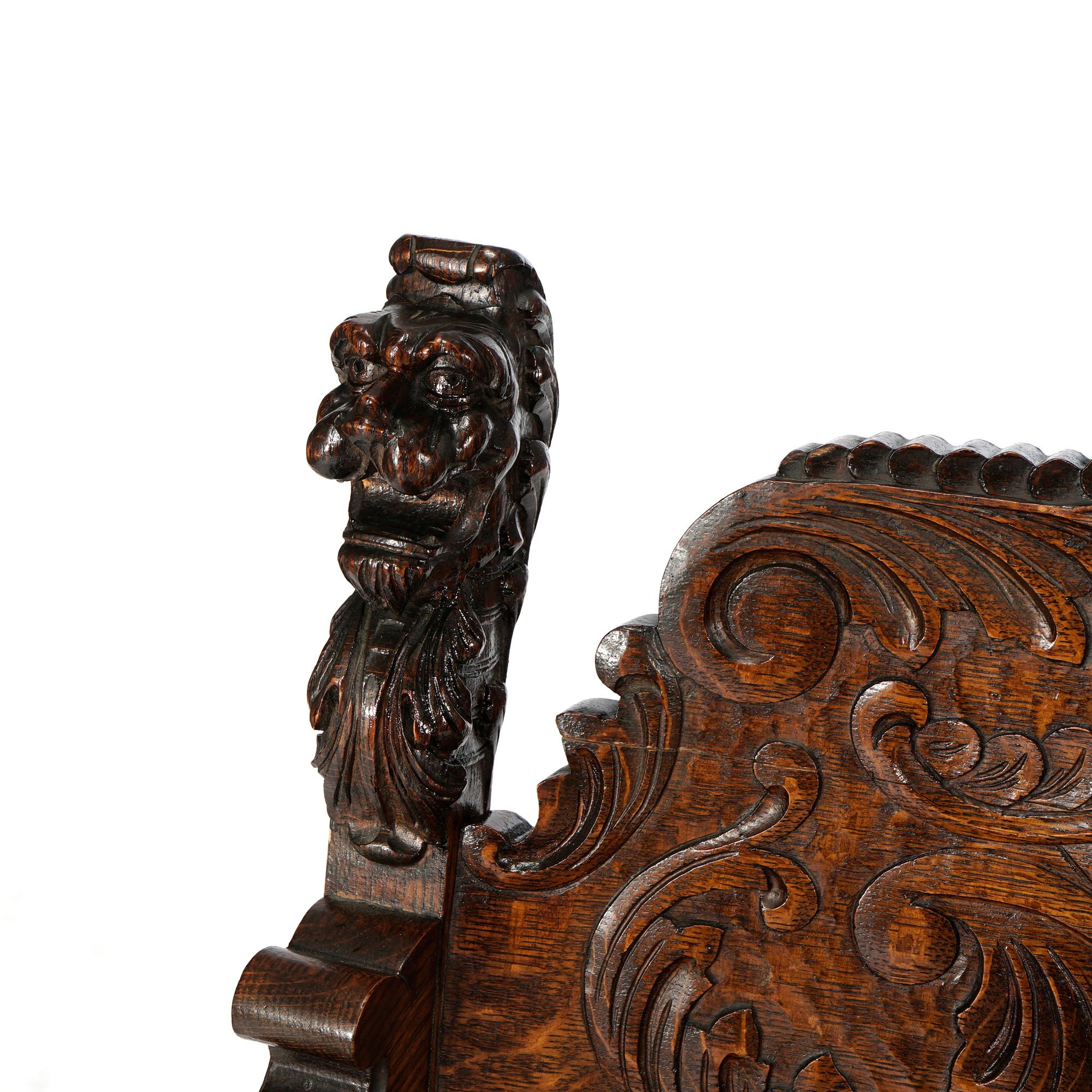 Antique RJ Horner Figural Oak Directors Curule Chair with Lions & Wind God, 1900 1