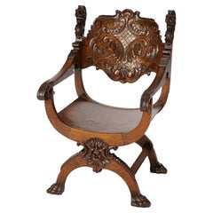Antique RJ Horner Figural Oak Directors Curule Chair with Lions & Wind God, 1900