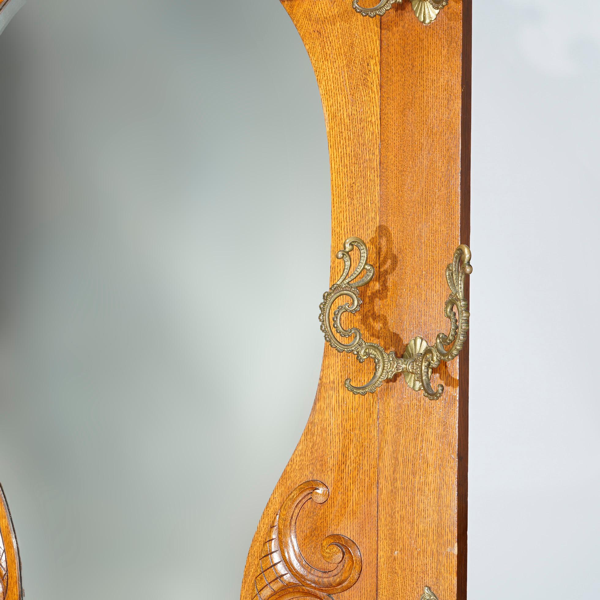 Antique RJ Horner Golden Oak Hall Seat with Horse Shoe Form Mirror circa 1900 4