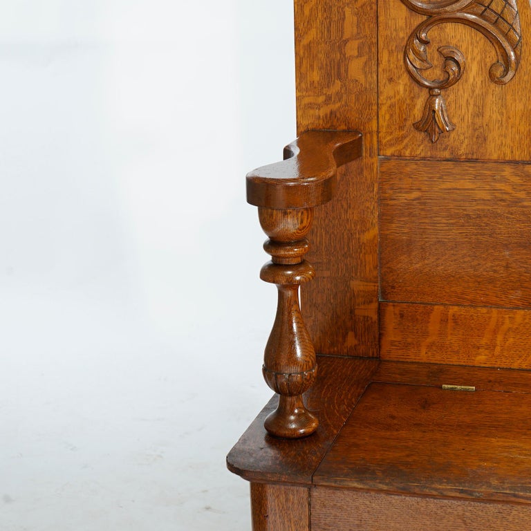 Antique RJ Horner Golden Oak Hall Seat with Horse Shoe Form Mirror