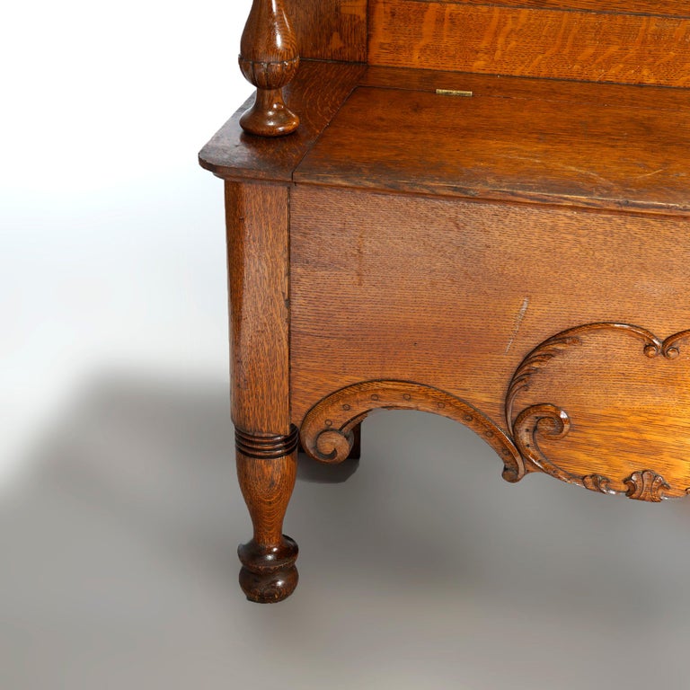 Antique RJ Horner Golden Oak Hall Seat with Horse Shoe Form Mirror