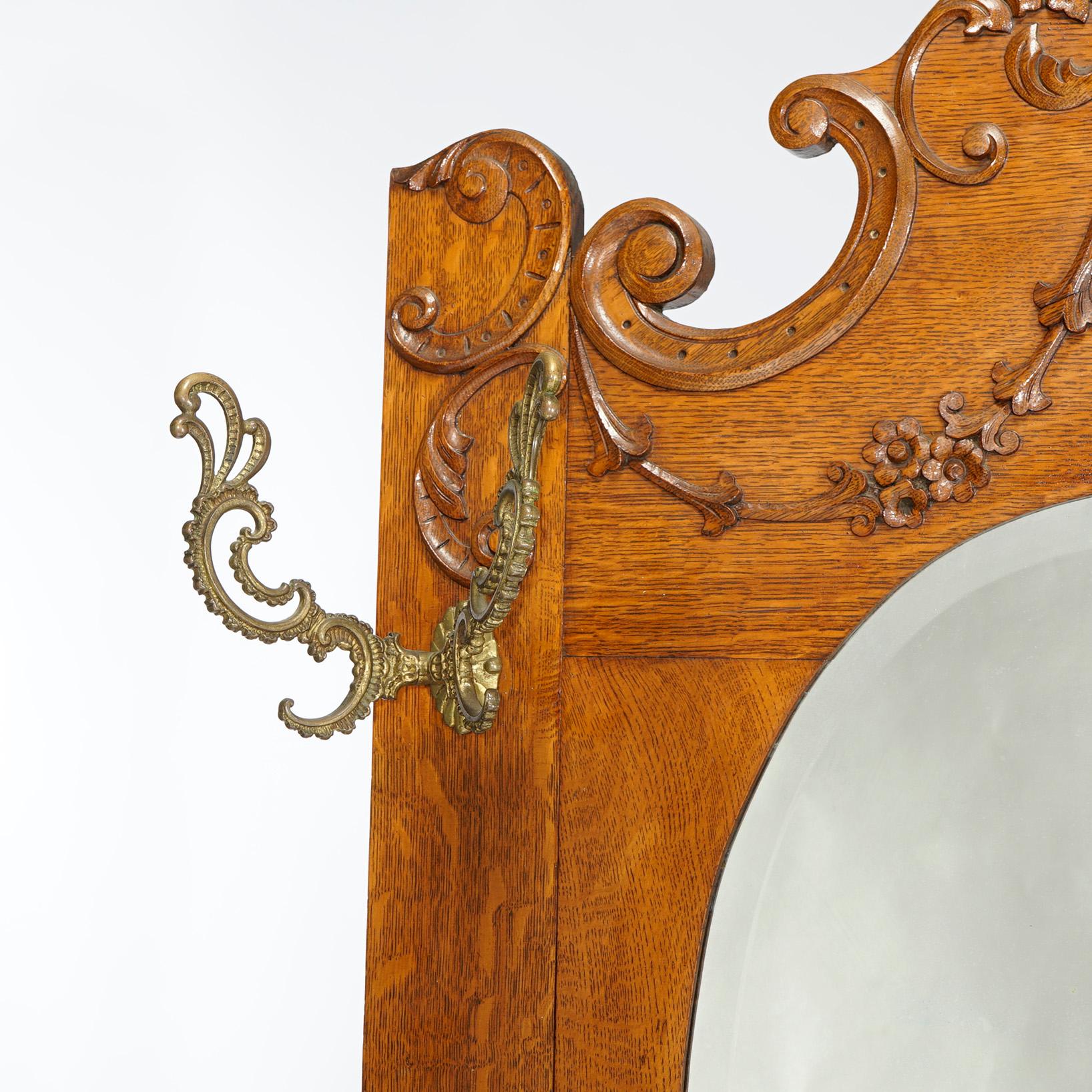 Antique RJ Horner Golden Oak Hall Seat with Horse Shoe Form Mirror circa 1900 In Good Condition In Big Flats, NY