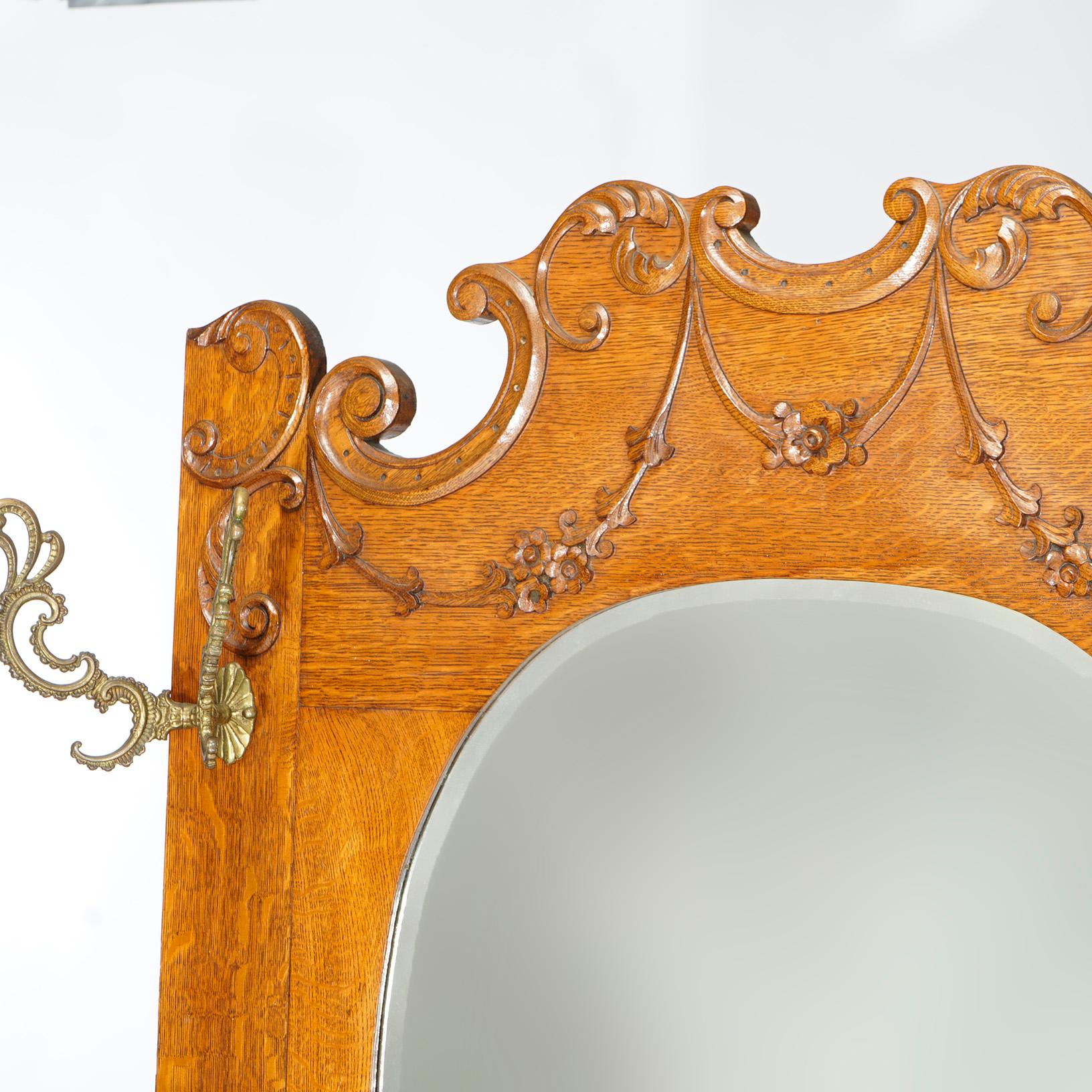 20th Century Antique RJ Horner Golden Oak Hall Seat with Horse Shoe Form Mirror circa 1900