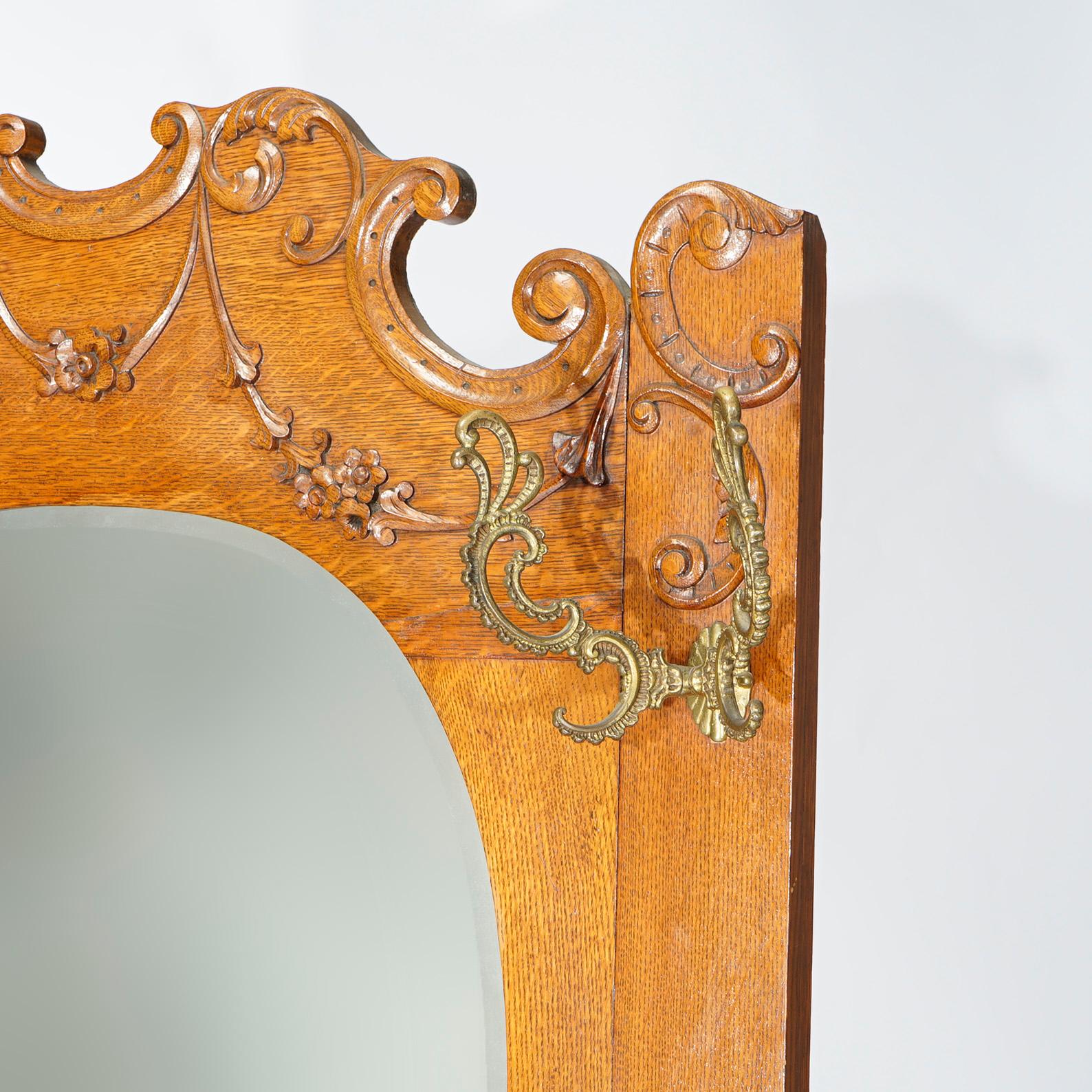 Antique RJ Horner Golden Oak Hall Seat with Horse Shoe Form Mirror circa 1900 1