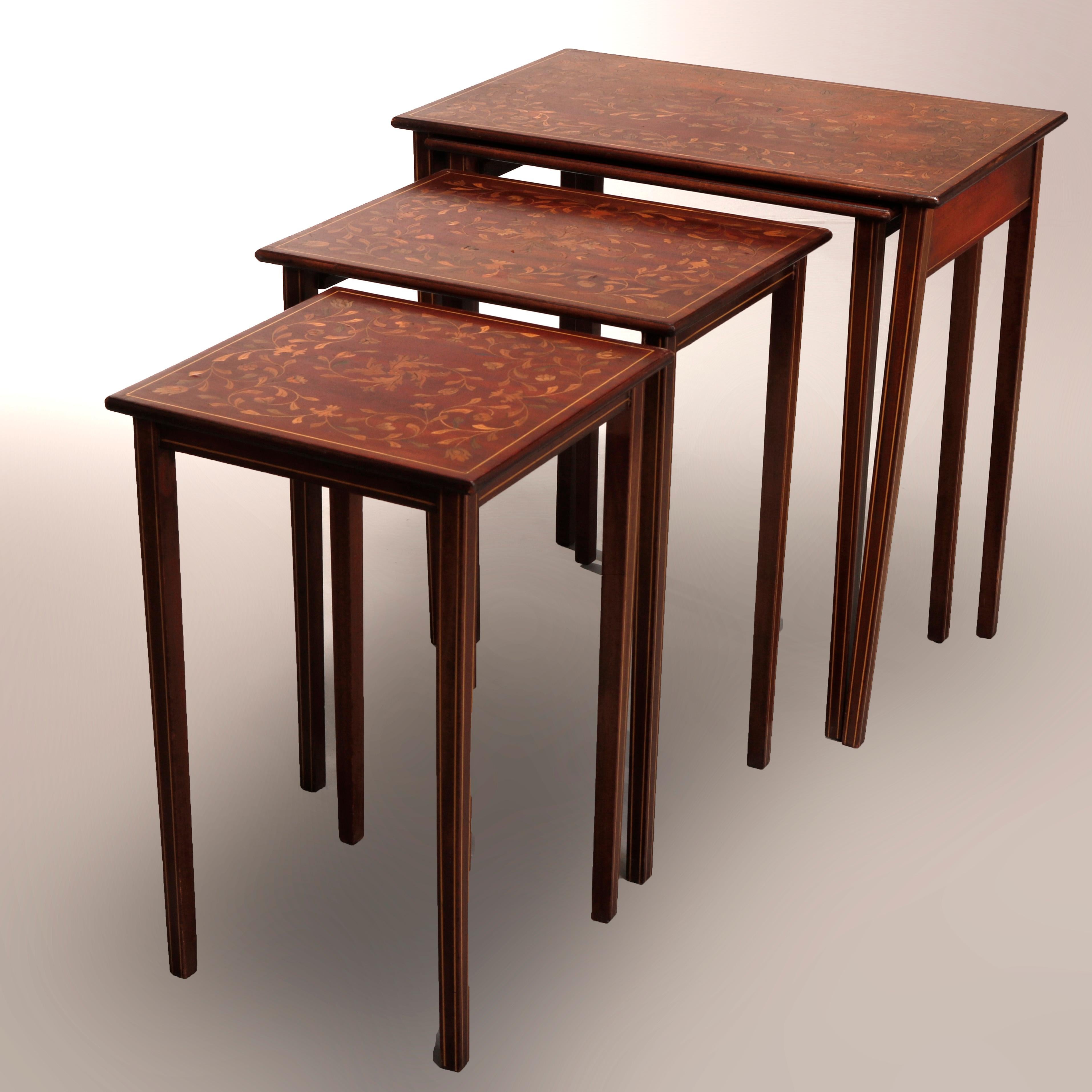 American Antique R.J. Horner Mahogany Marquetry Satinwood Inlay Nesting Tables circa 1910