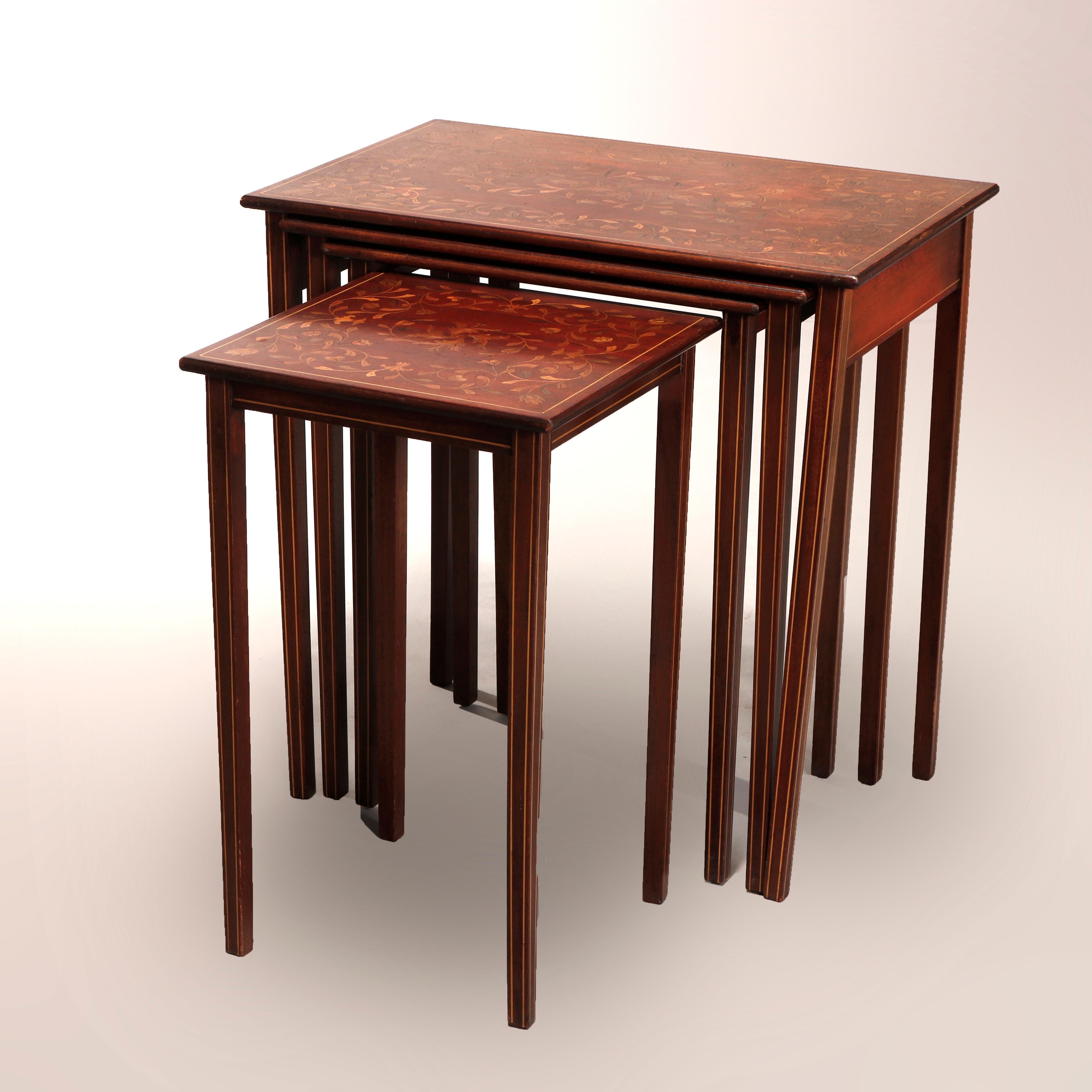 Carved Antique R.J. Horner Mahogany Marquetry Satinwood Inlay Nesting Tables circa 1910