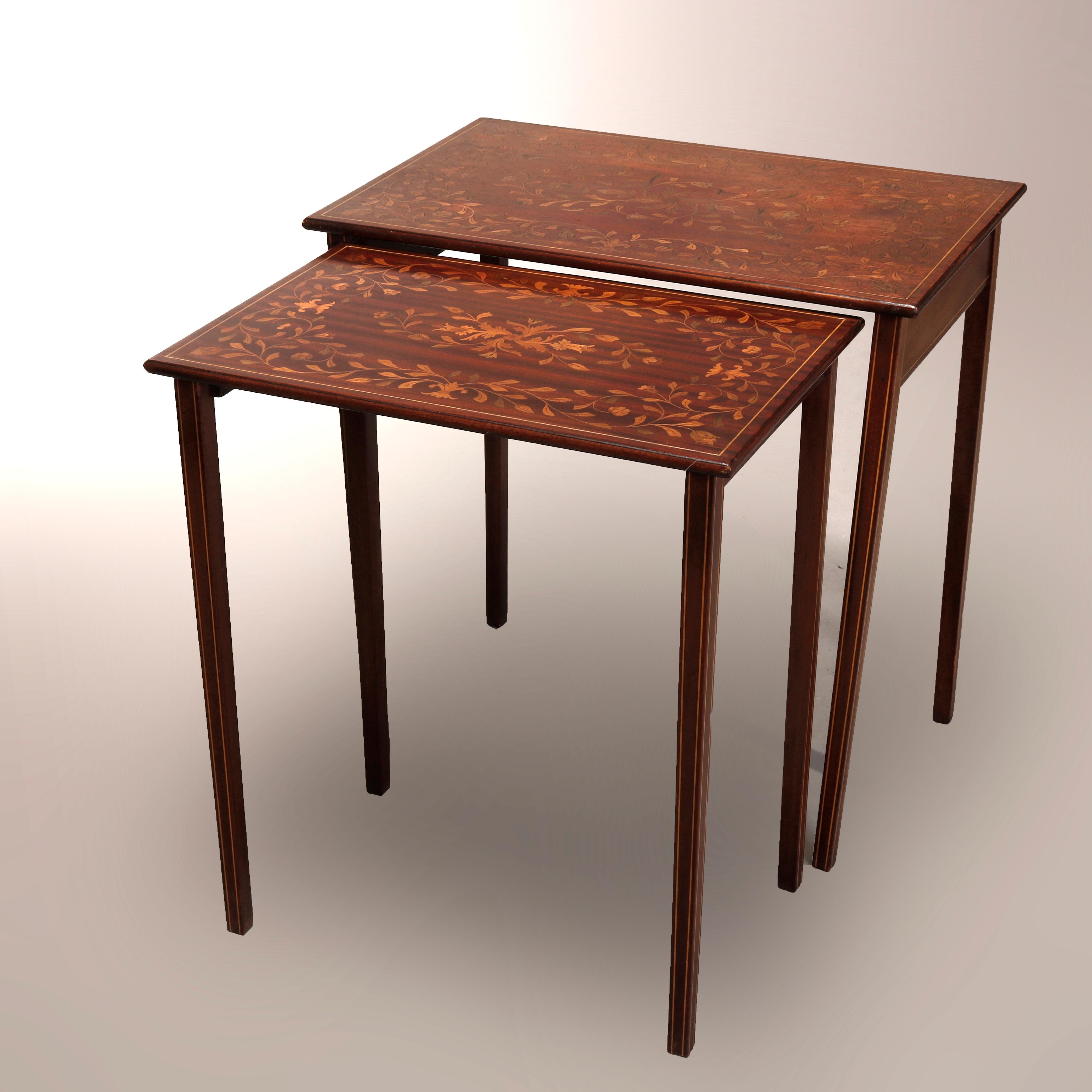 Antique R.J. Horner Mahogany Marquetry Satinwood Inlay Nesting Tables circa 1910 In Good Condition In Big Flats, NY