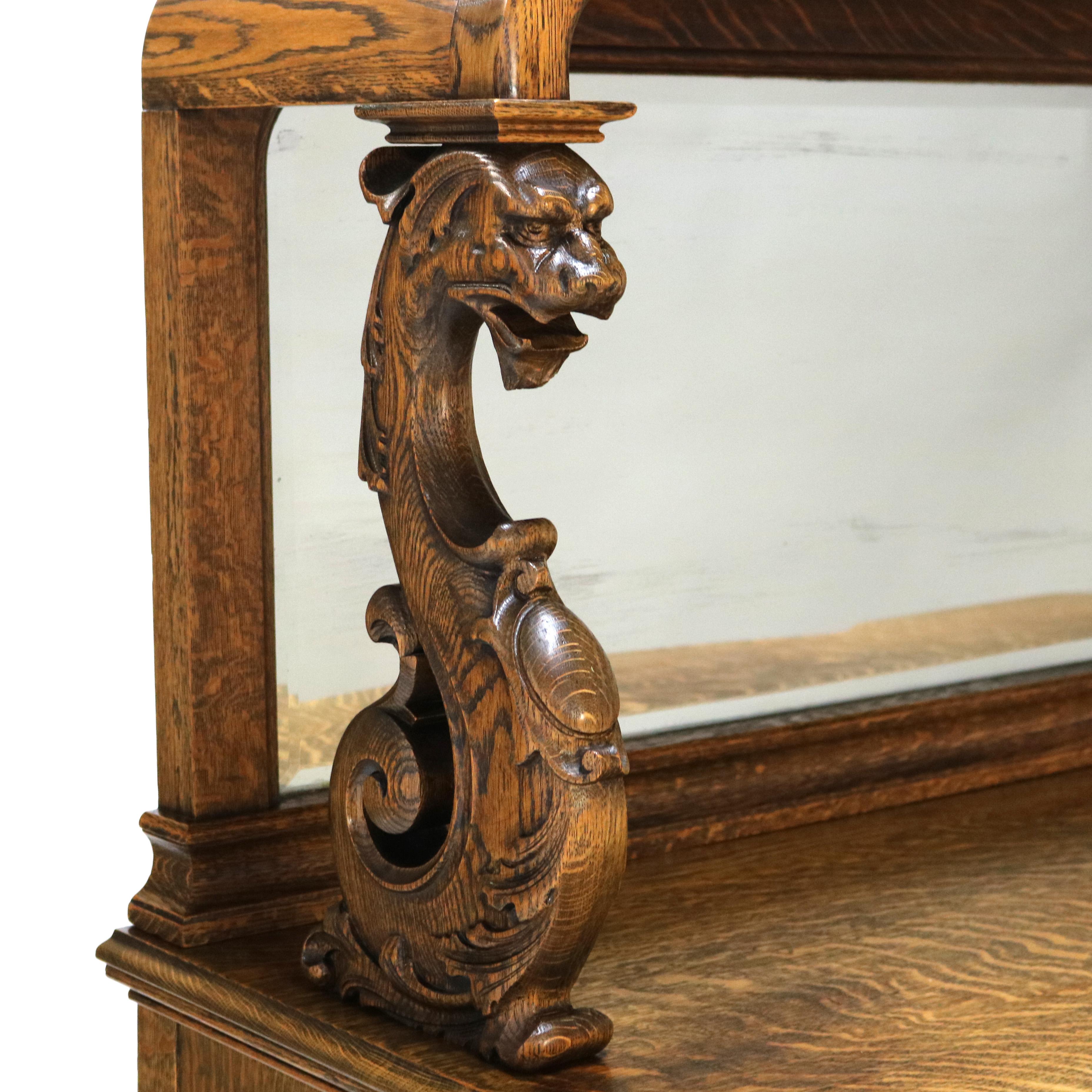 Antique RJ Horner Mirrored & Figural Carved Oak Server with Griffins c1890 12