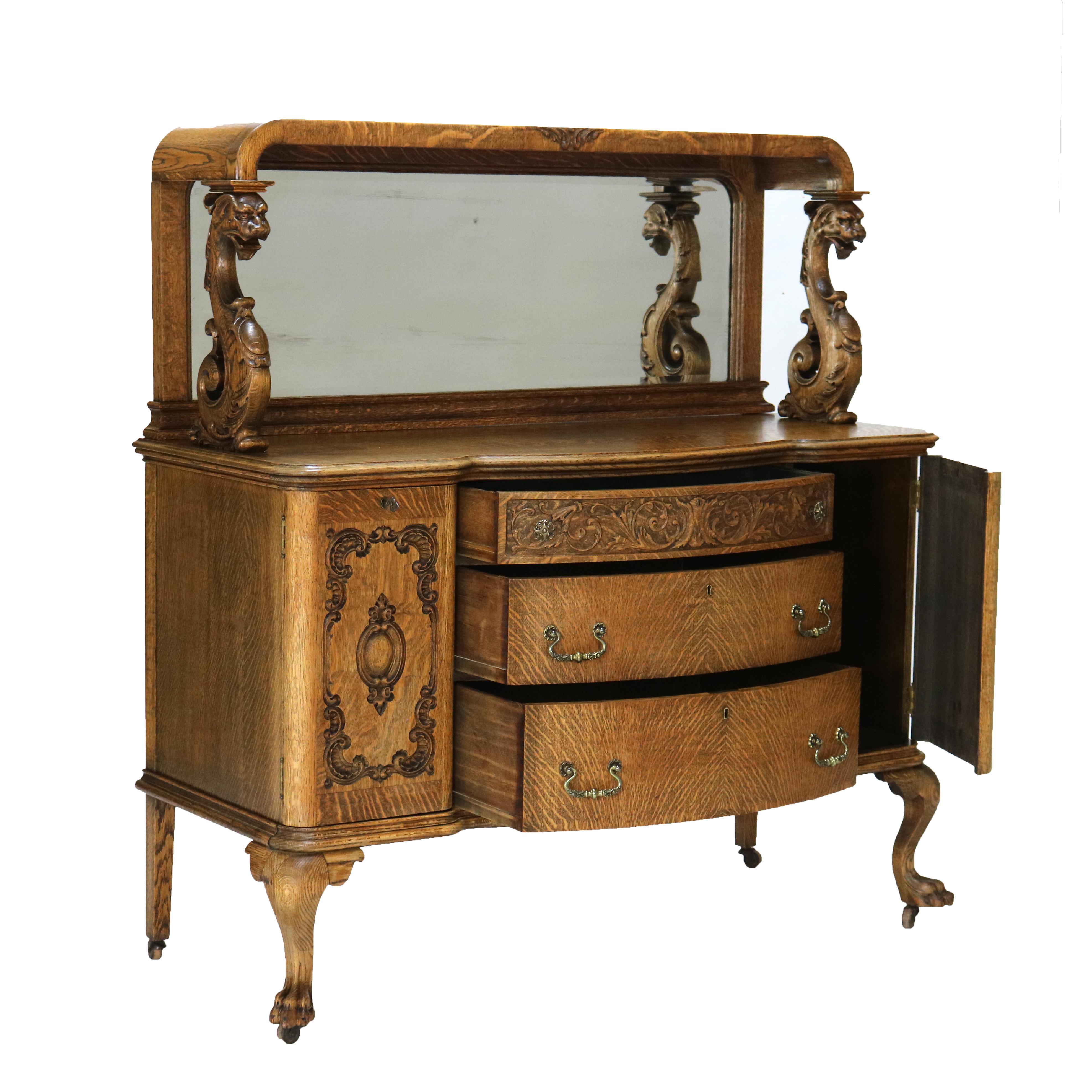 Antique RJ Horner Mirrored & Figural Carved Oak Server with Griffins c1890 13