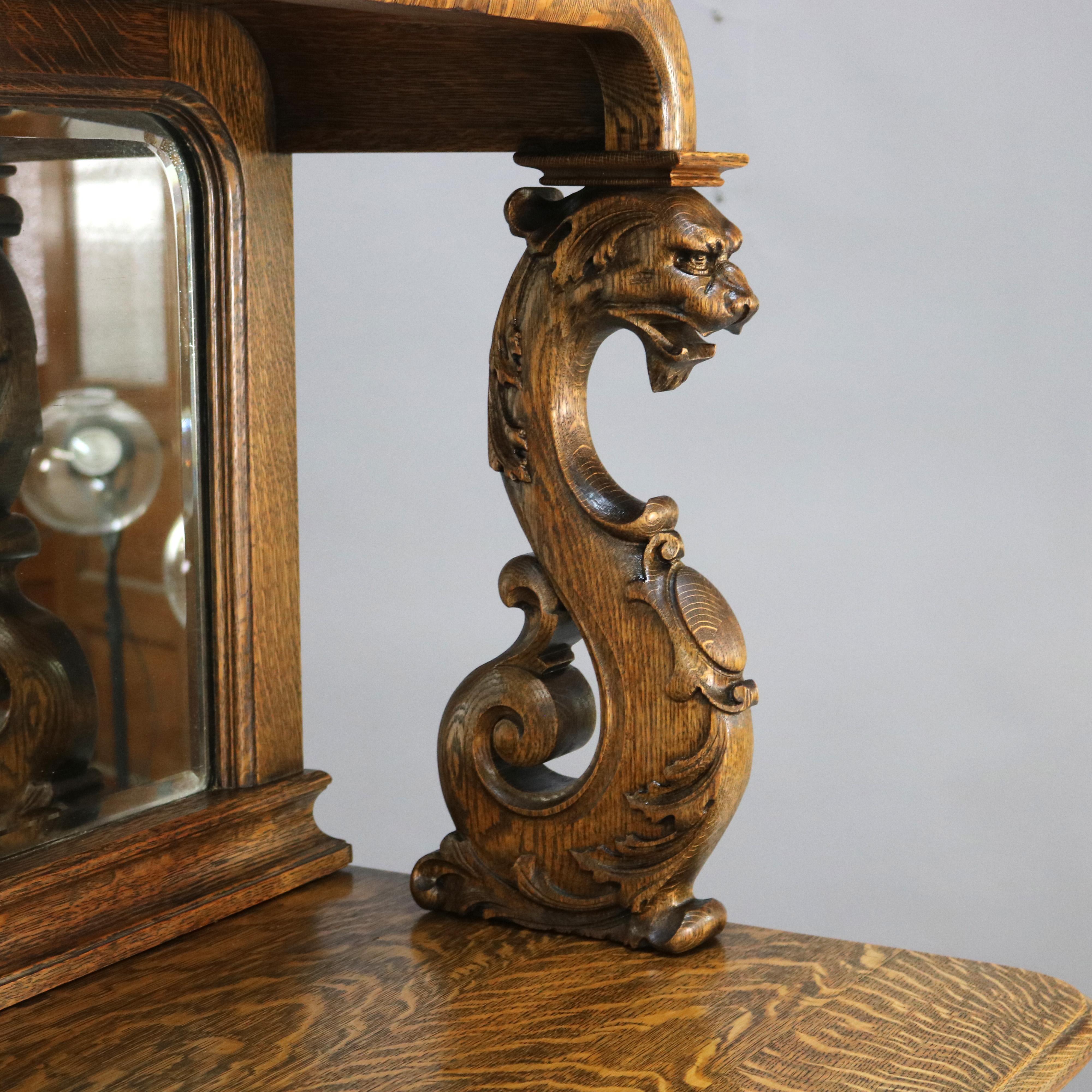 Antique RJ Horner Mirrored & Figural Carved Oak Server with Griffins c1890 In Good Condition In Big Flats, NY