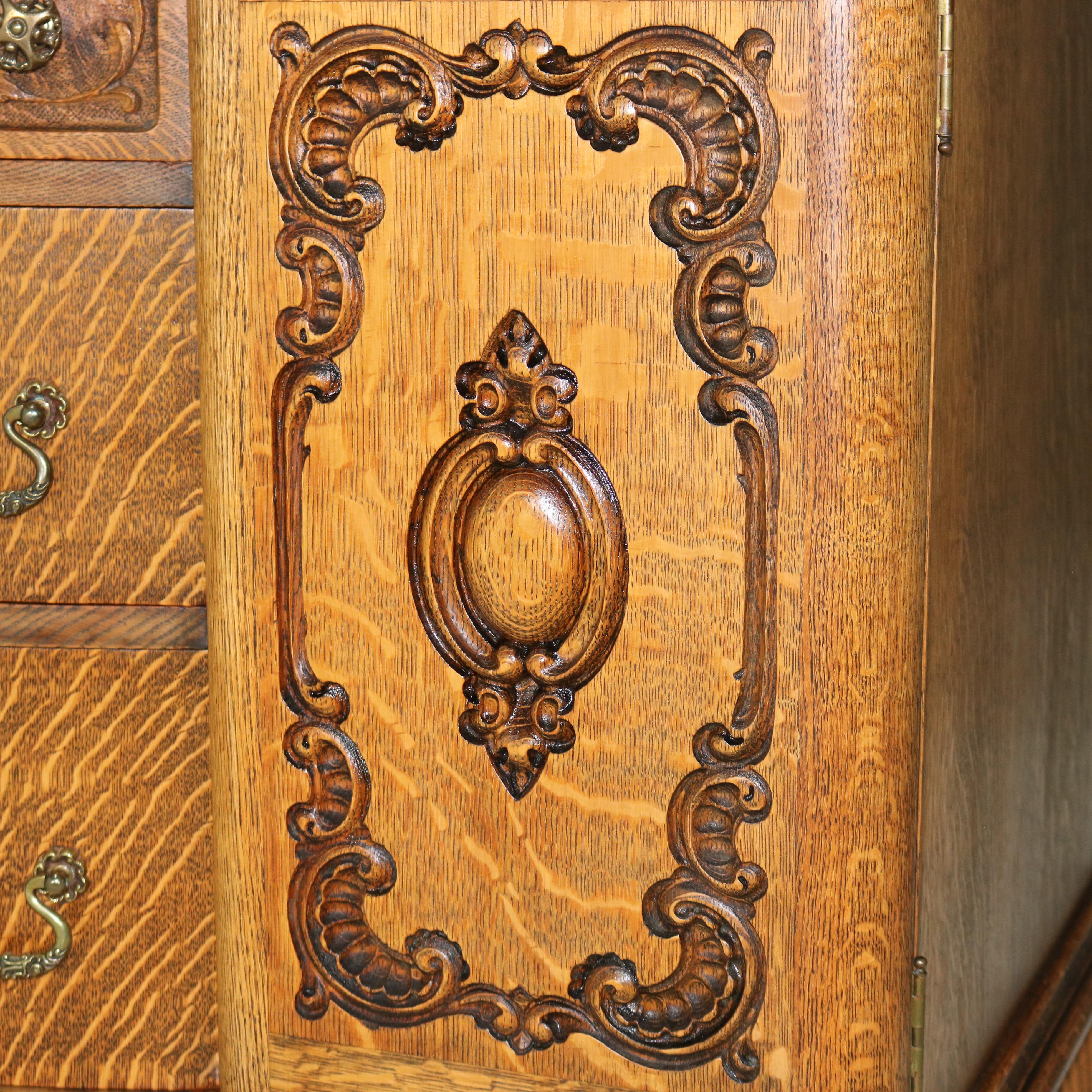 19th Century Antique RJ Horner Mirrored & Figural Carved Oak Server with Griffins c1890