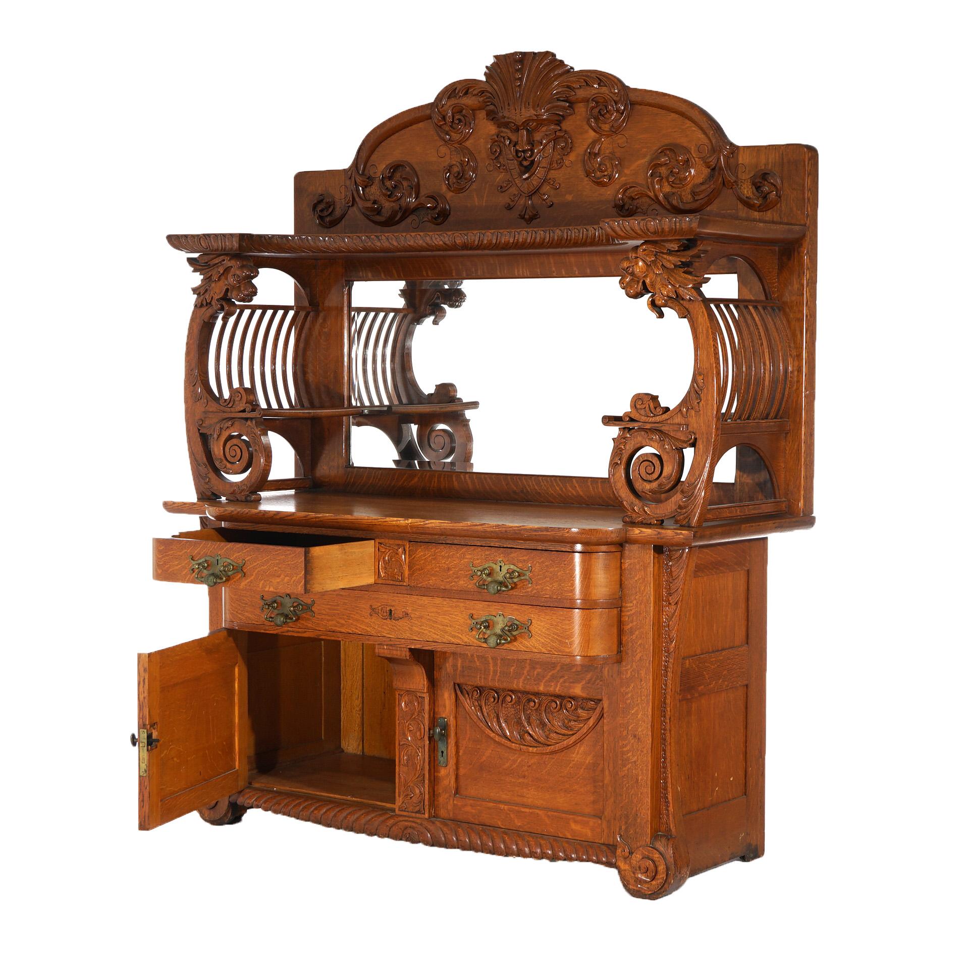 ***Inquire About Reduced In-House Delivery Rates - Reliable Professional Service & Fully Insured***

Antique RJ Horner Mirrored & Figural Carved Oak Sideboard with Wind God, Dragons, Upper Drawers over Double Door Cabinet and Surmounted by Upper