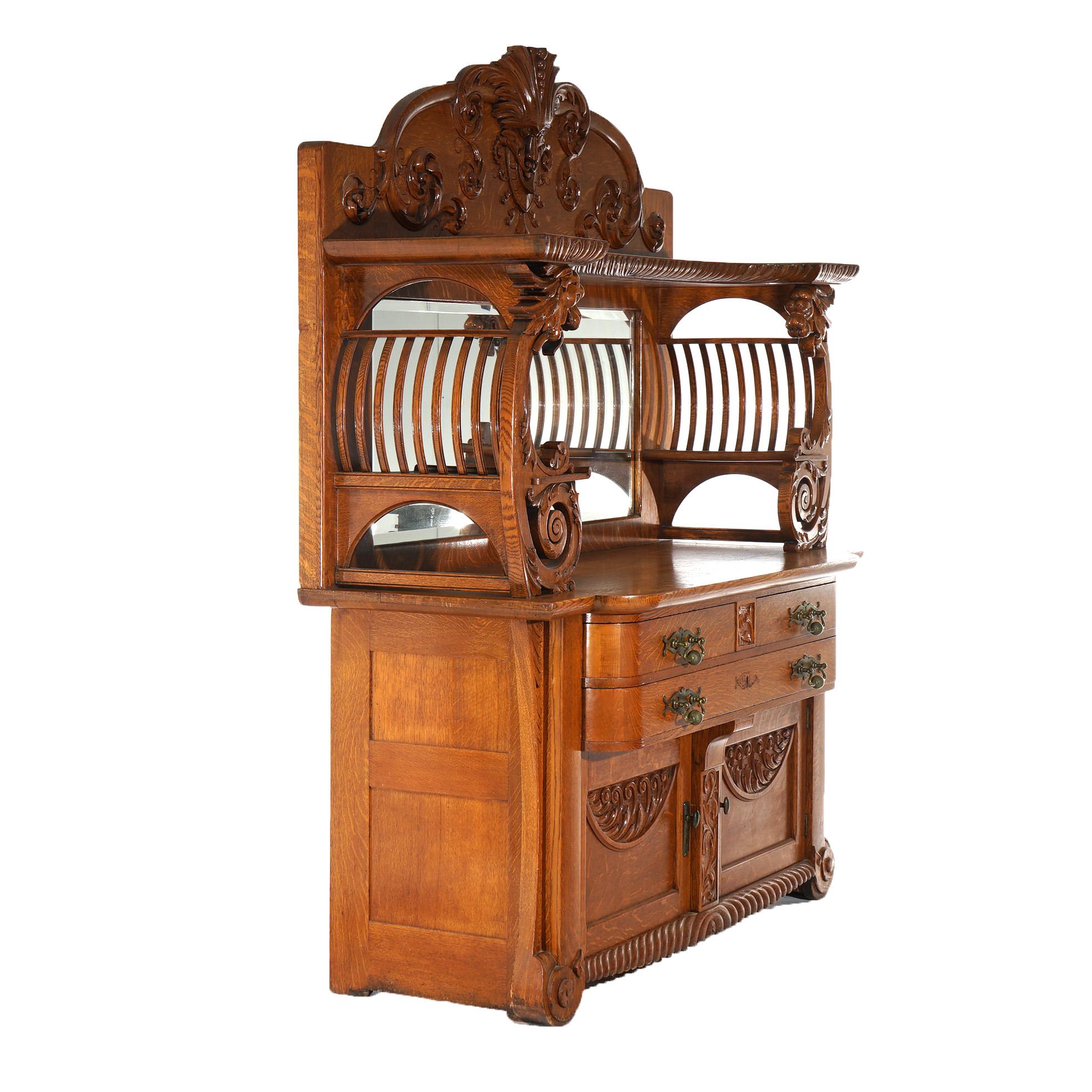 Antique RJ Horner Mirrored & Figural Carved Oak Sideboard with Wind God  C1900 In Good Condition In Big Flats, NY