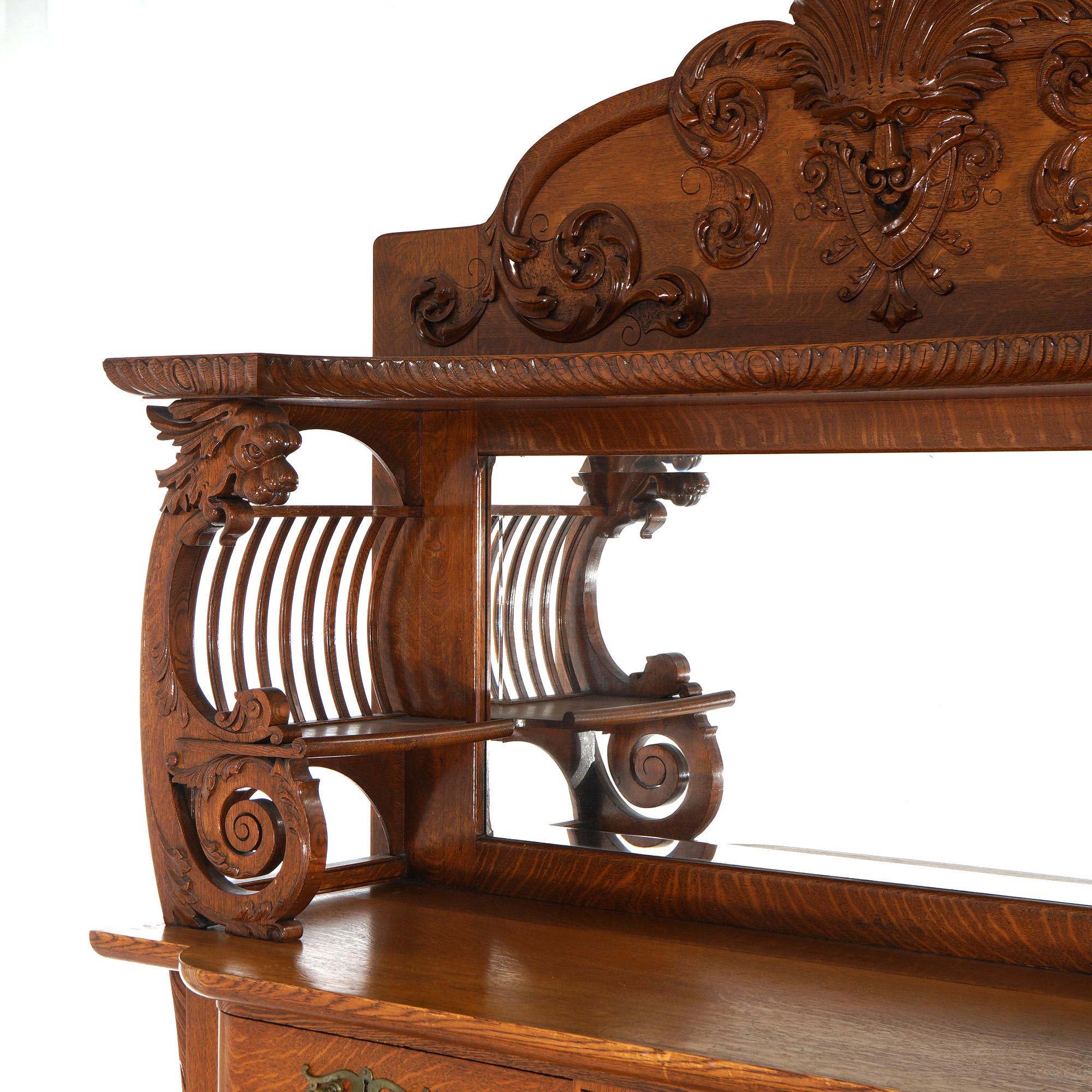 Antique RJ Horner Mirrored & Figural Carved Oak Sideboard with Wind God  C1900 4