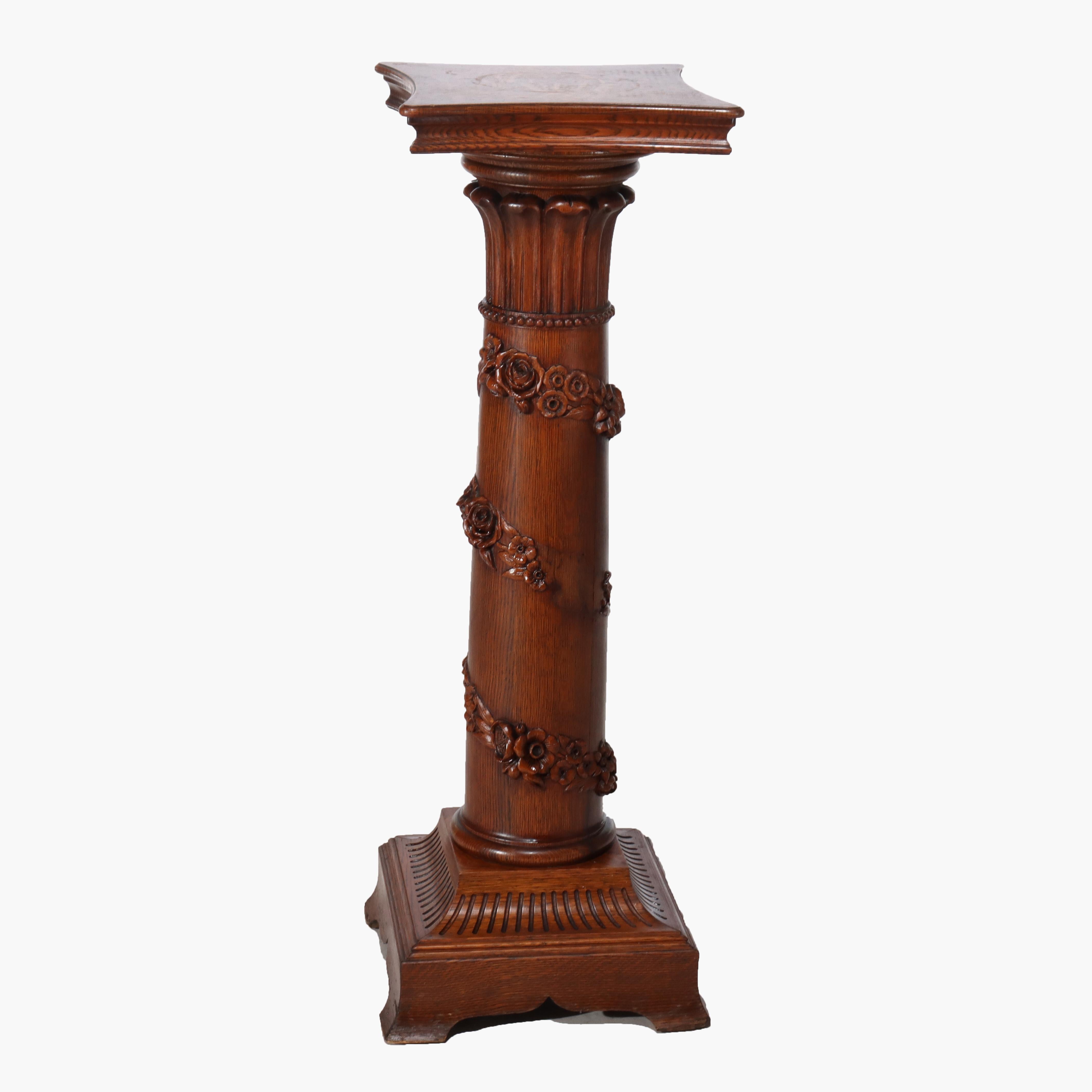 Ancien piédestal néoclassique RJ Horner en Oak Oak sculpté avec guirlande florale C1900 en vente 6
