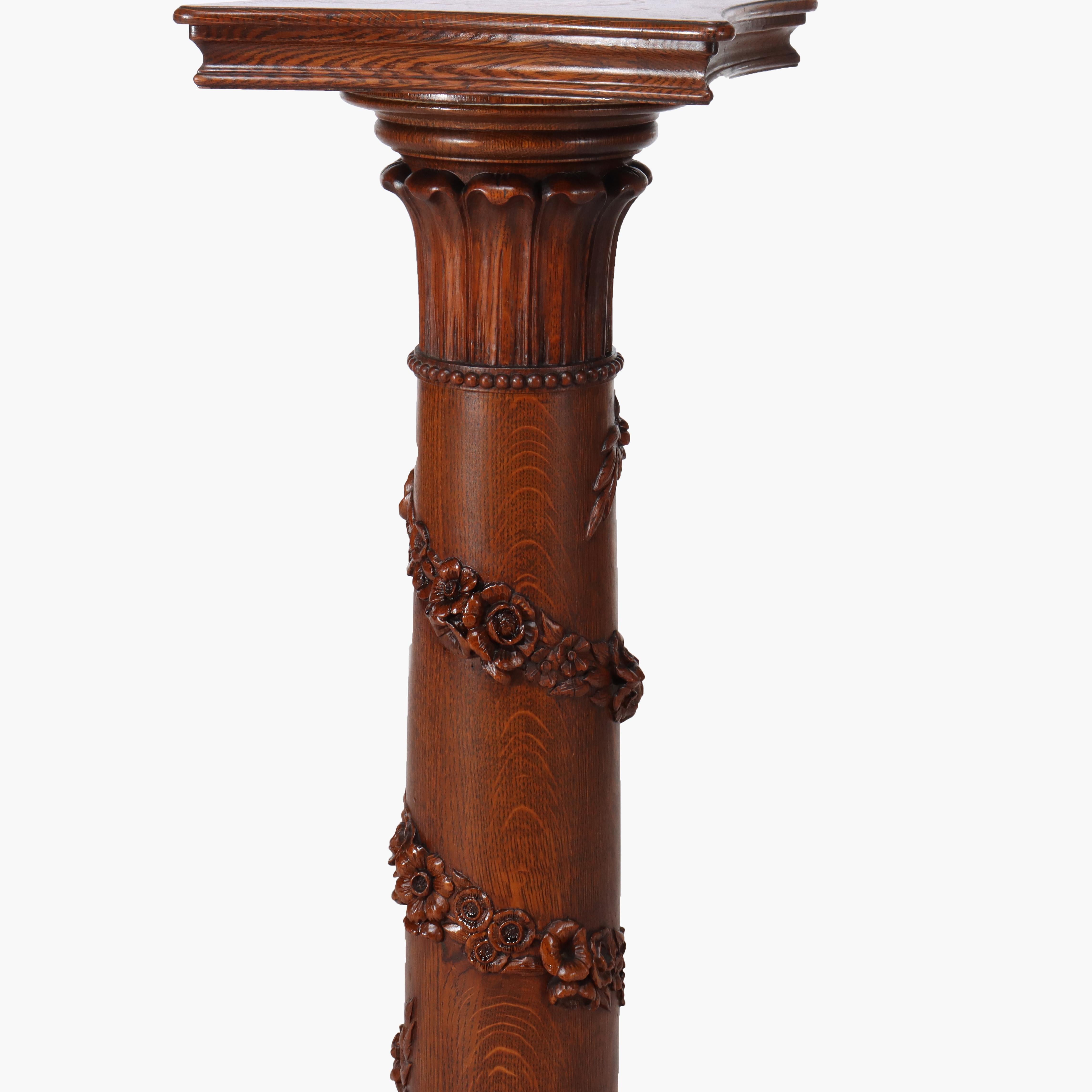 20ième siècle Ancien piédestal néoclassique RJ Horner en Oak Oak sculpté avec guirlande florale C1900 en vente