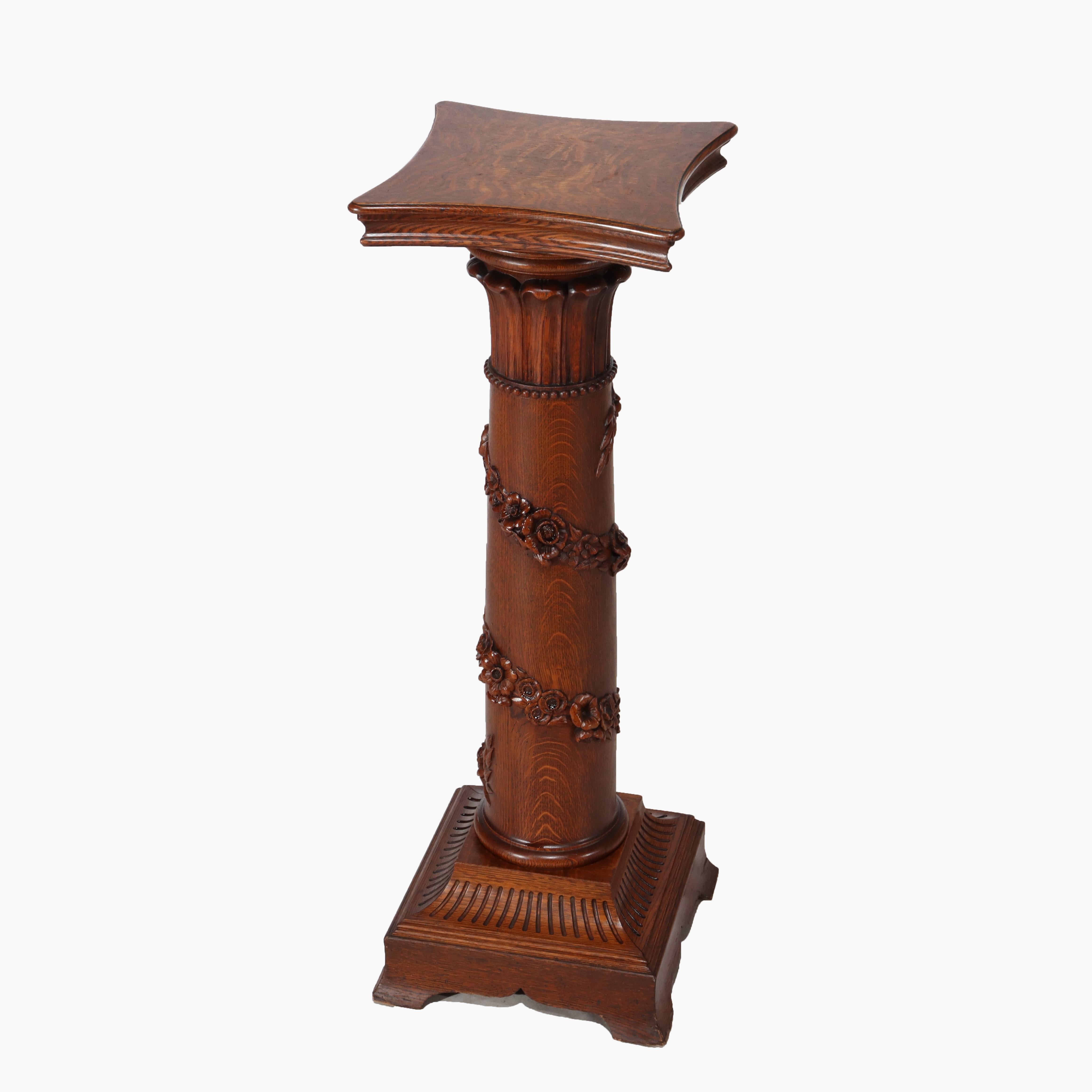 Ancien piédestal néoclassique RJ Horner en Oak Oak sculpté avec guirlande florale C1900 en vente 1