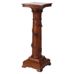 Antique RJ Horner Neoclassical Carved Oak Pedestal with Floral Garland C1900